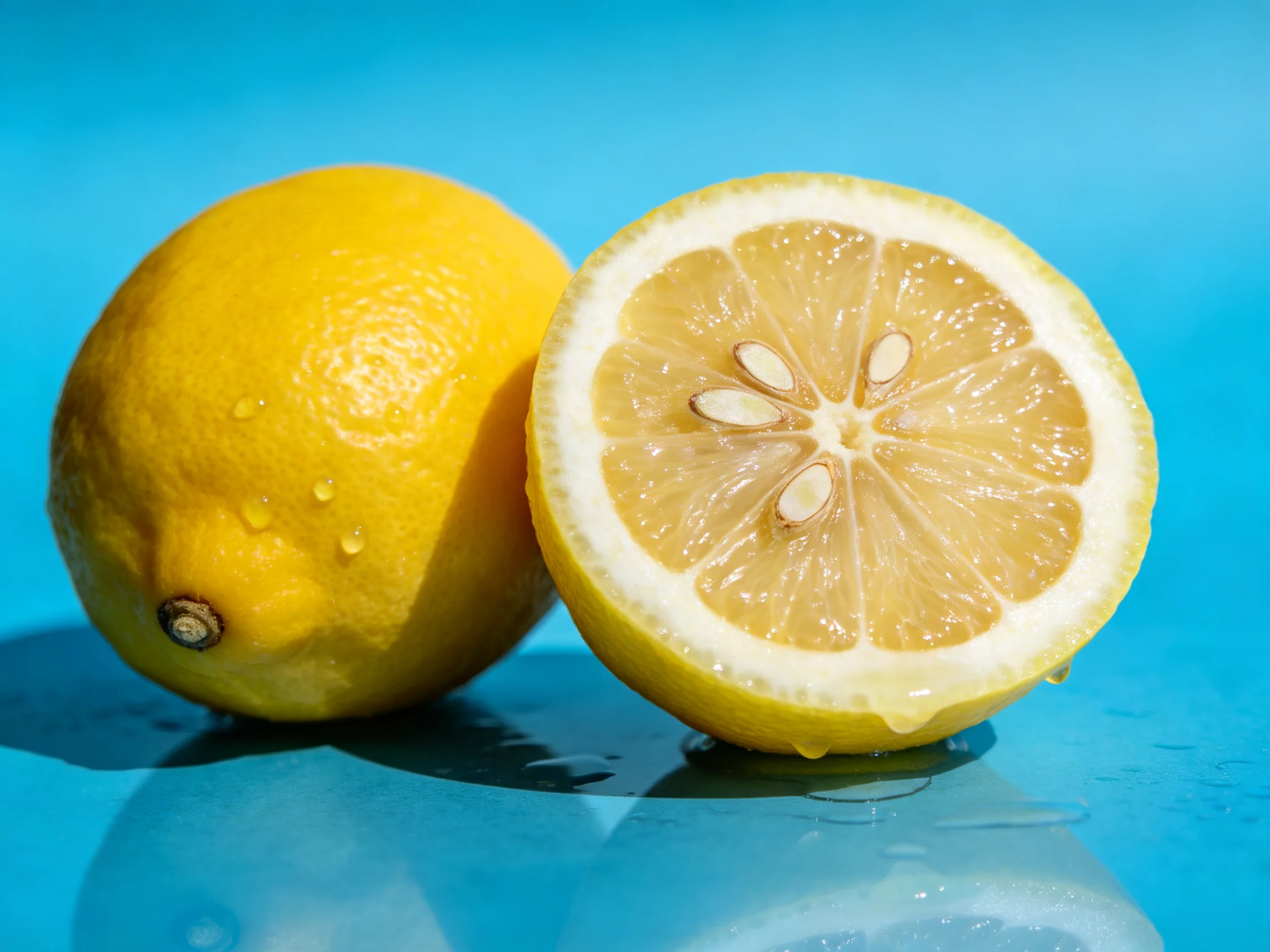 Two bright yellow lemons, one whole and one sliced, displayed on a vivid blue surface
