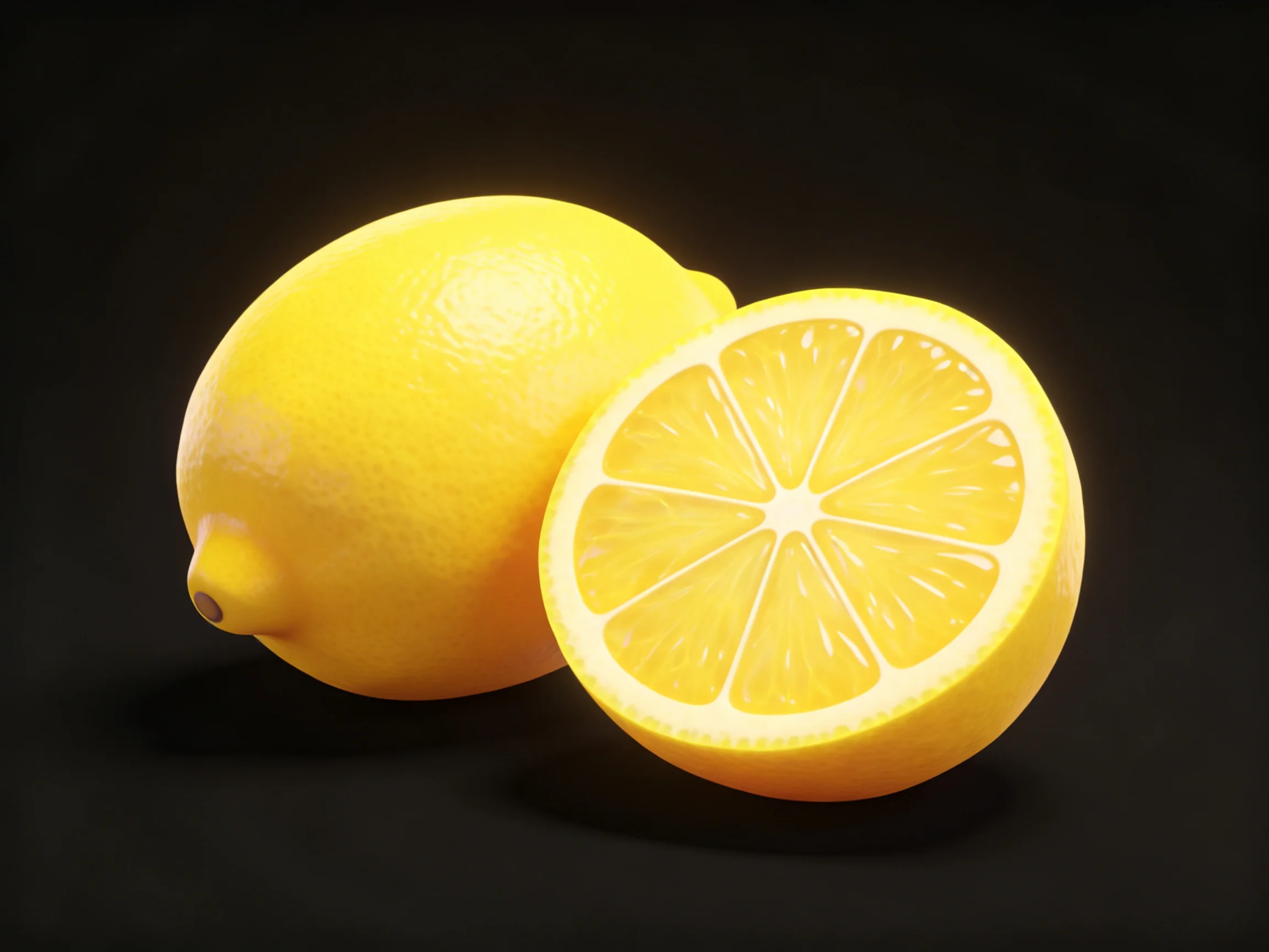Two bright yellow lemons, one whole and one sliced open
