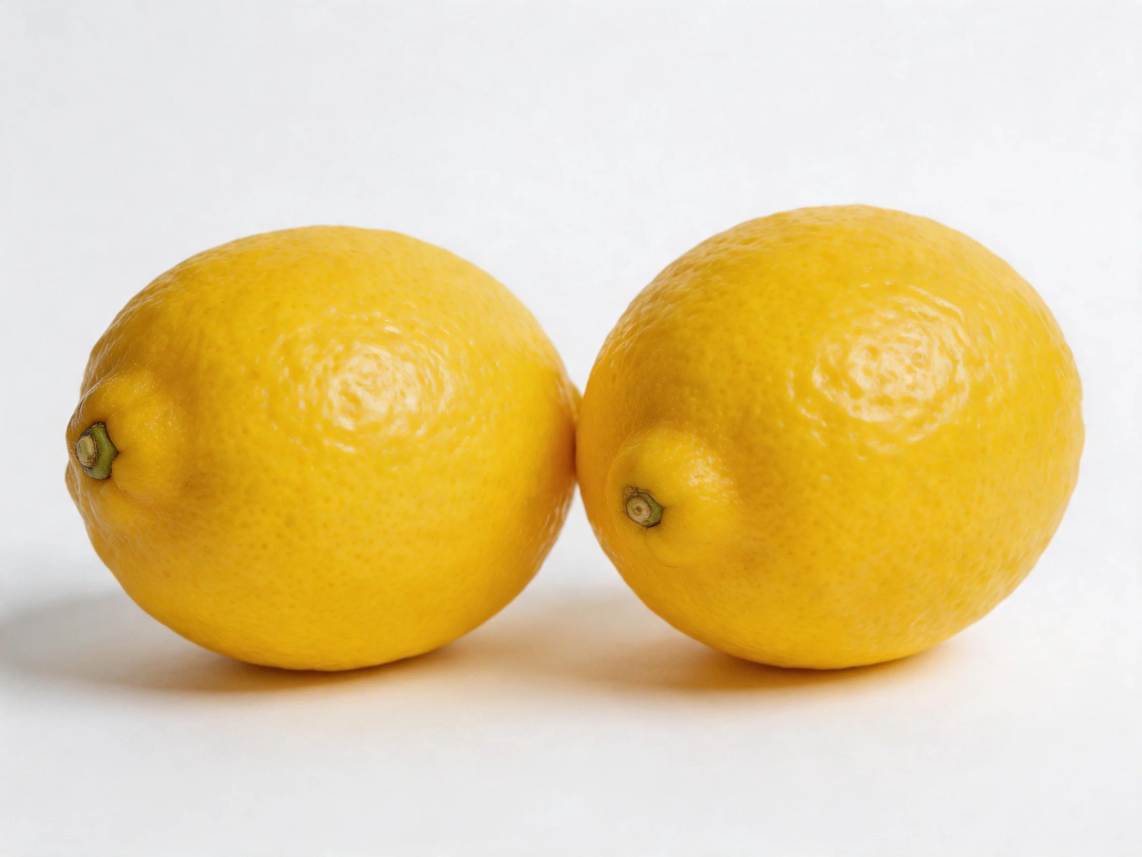 Two bright yellow lemons rest closely adjacent on a white surface