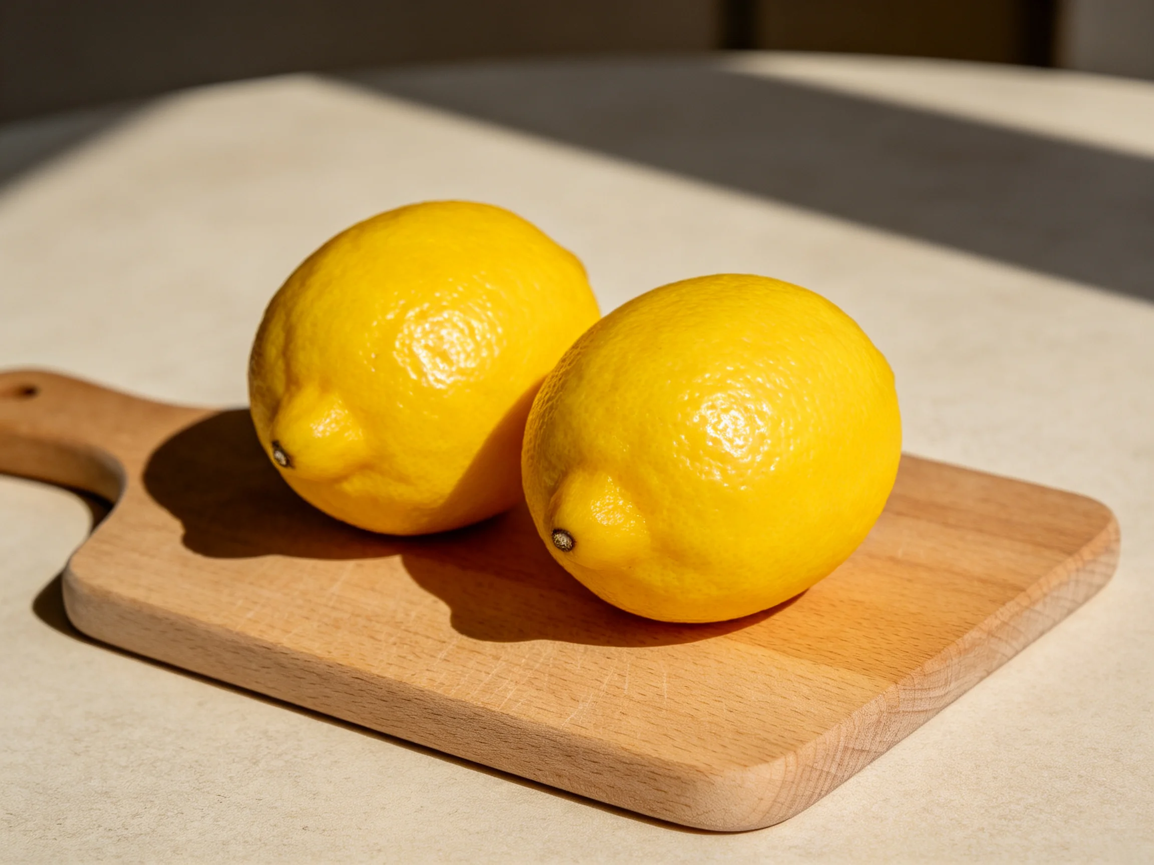 Two bright yellow lemons rest on a smooth wooden cutting board