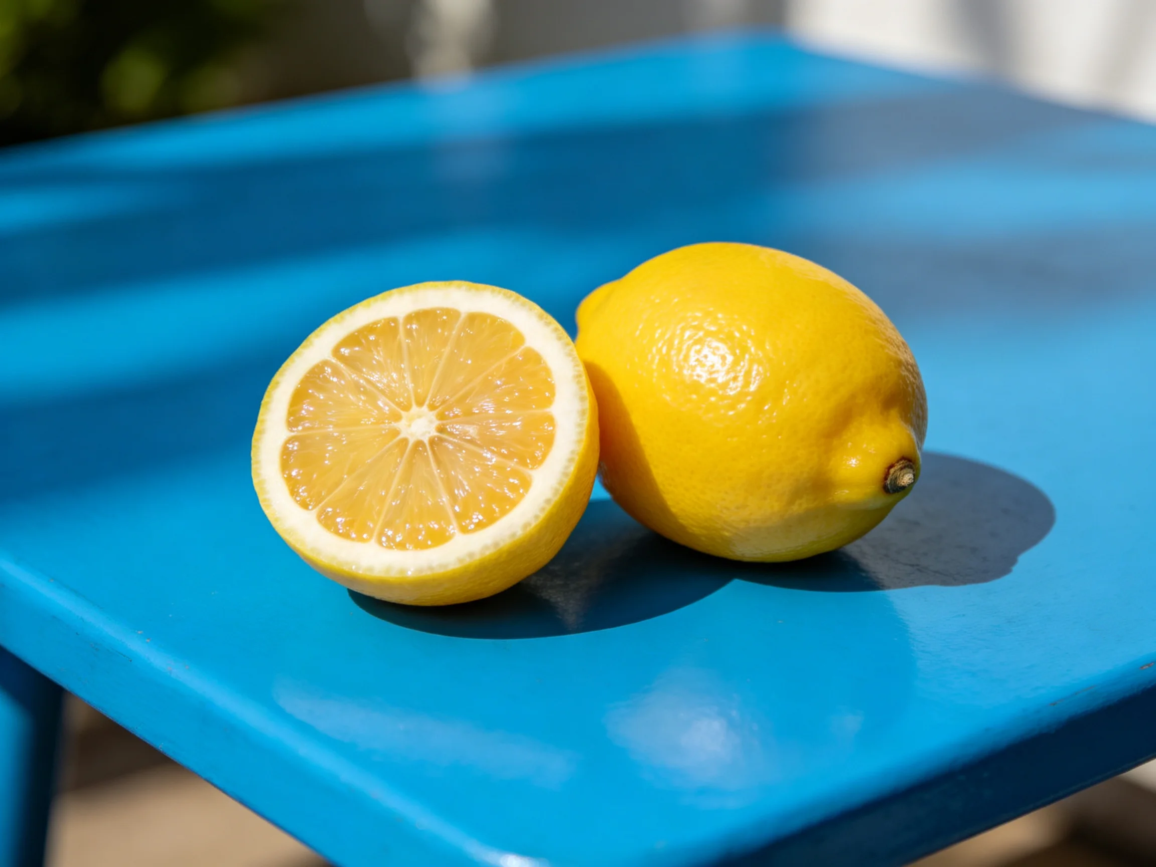 Two bright yellow lemons sit on a glossy blue table