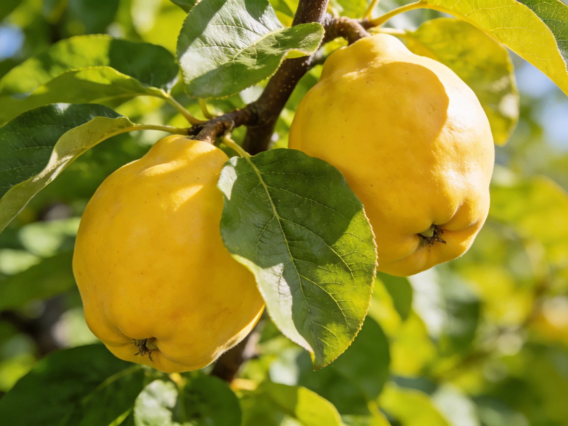 Two bright yellow quince fruits hang from a leafy branch