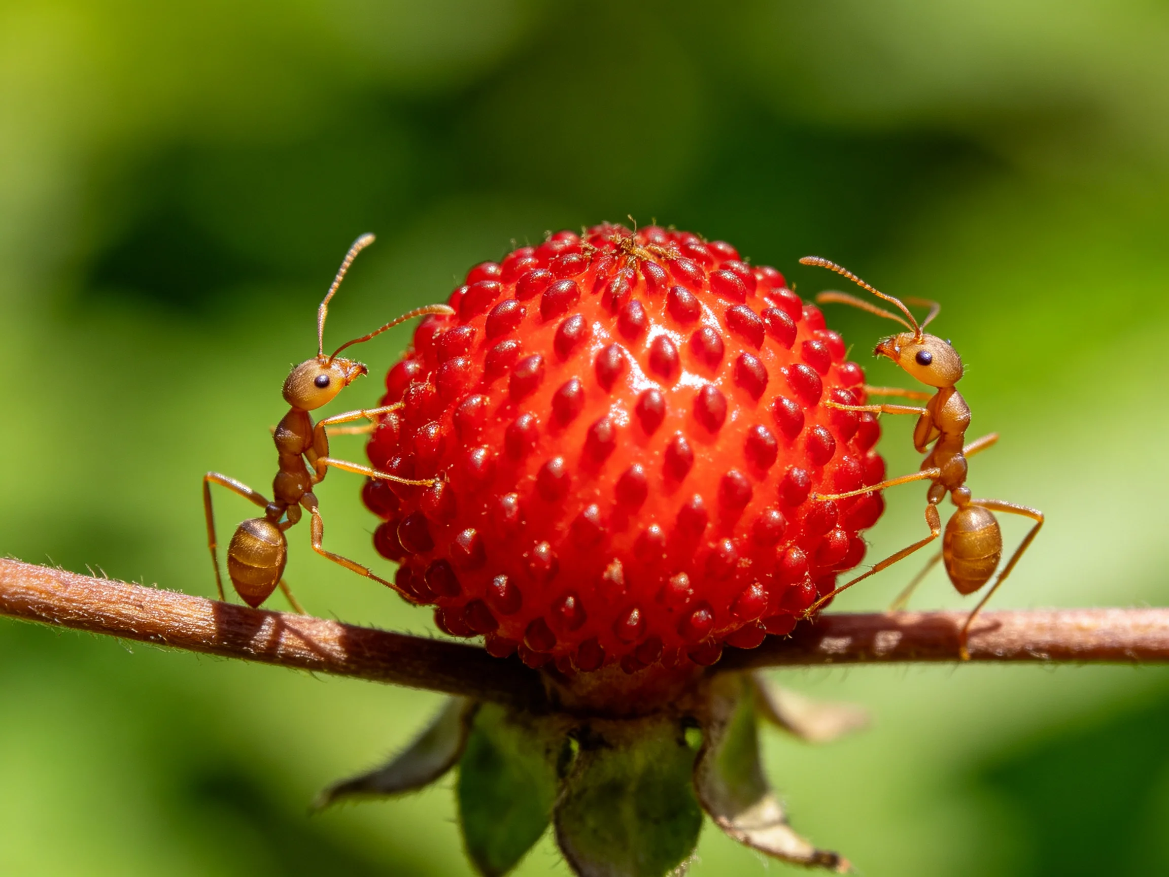 Two brown ants exploring a bright red spherical fruit