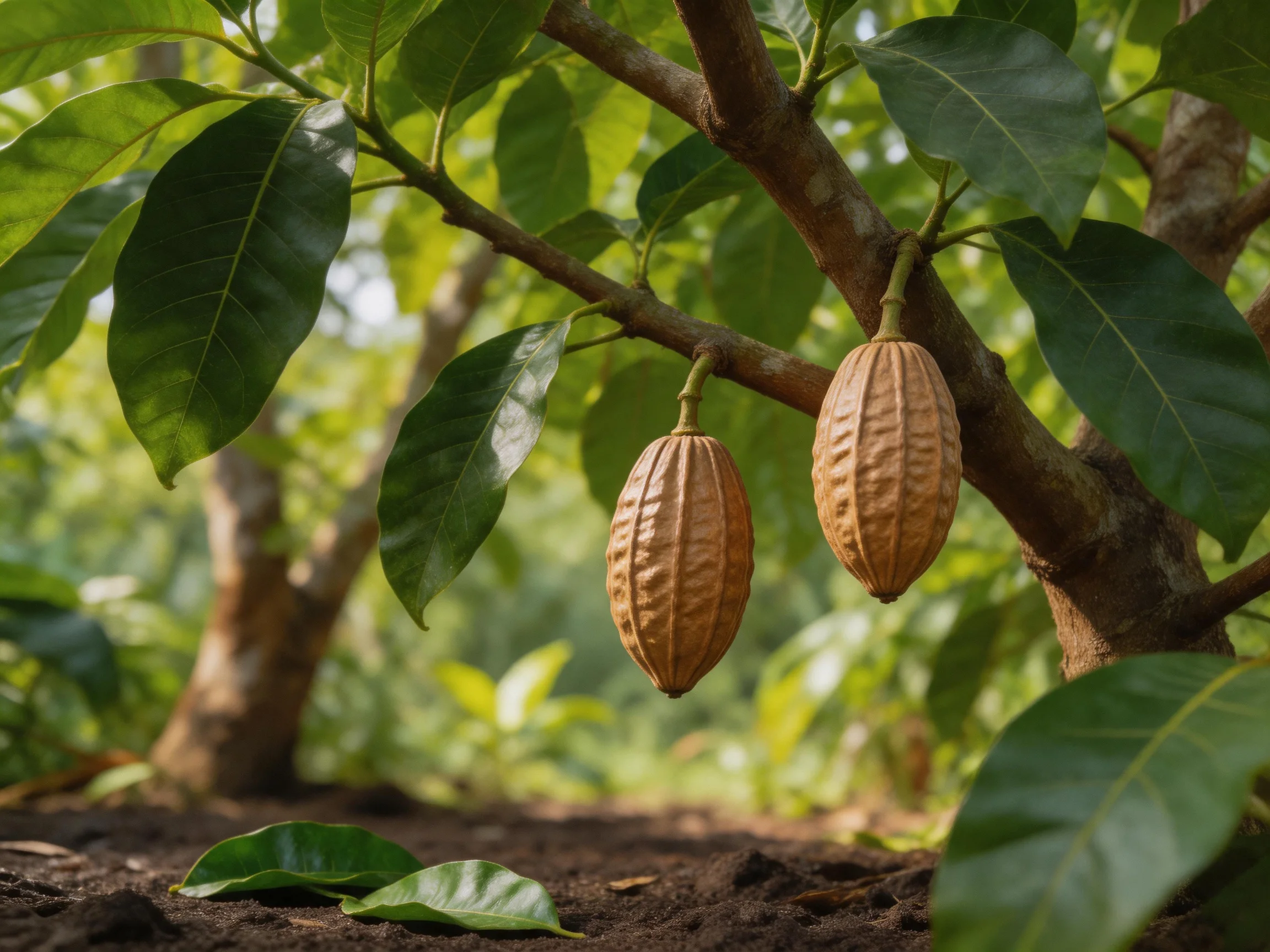 Two brown cacao pods hang from a leafy tree branch
