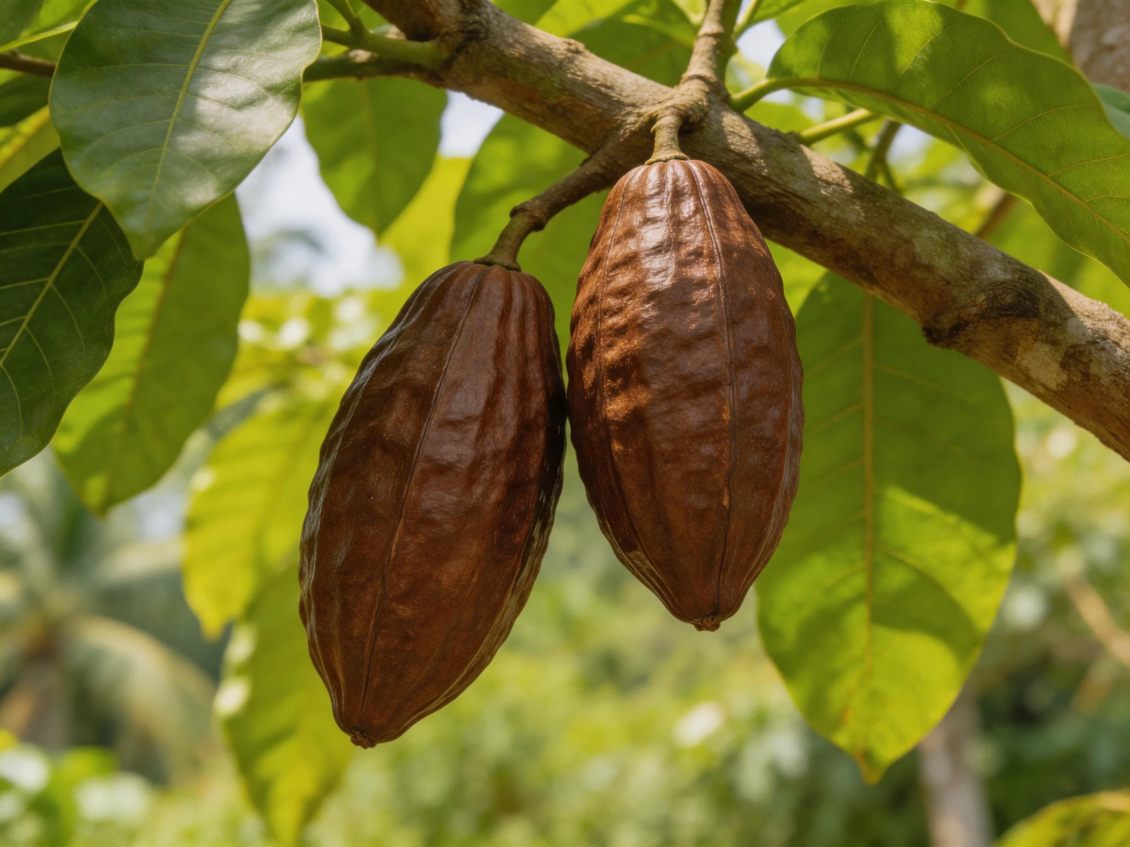 Two brown cacao pods hang from a tree branch amid lush green foliage.