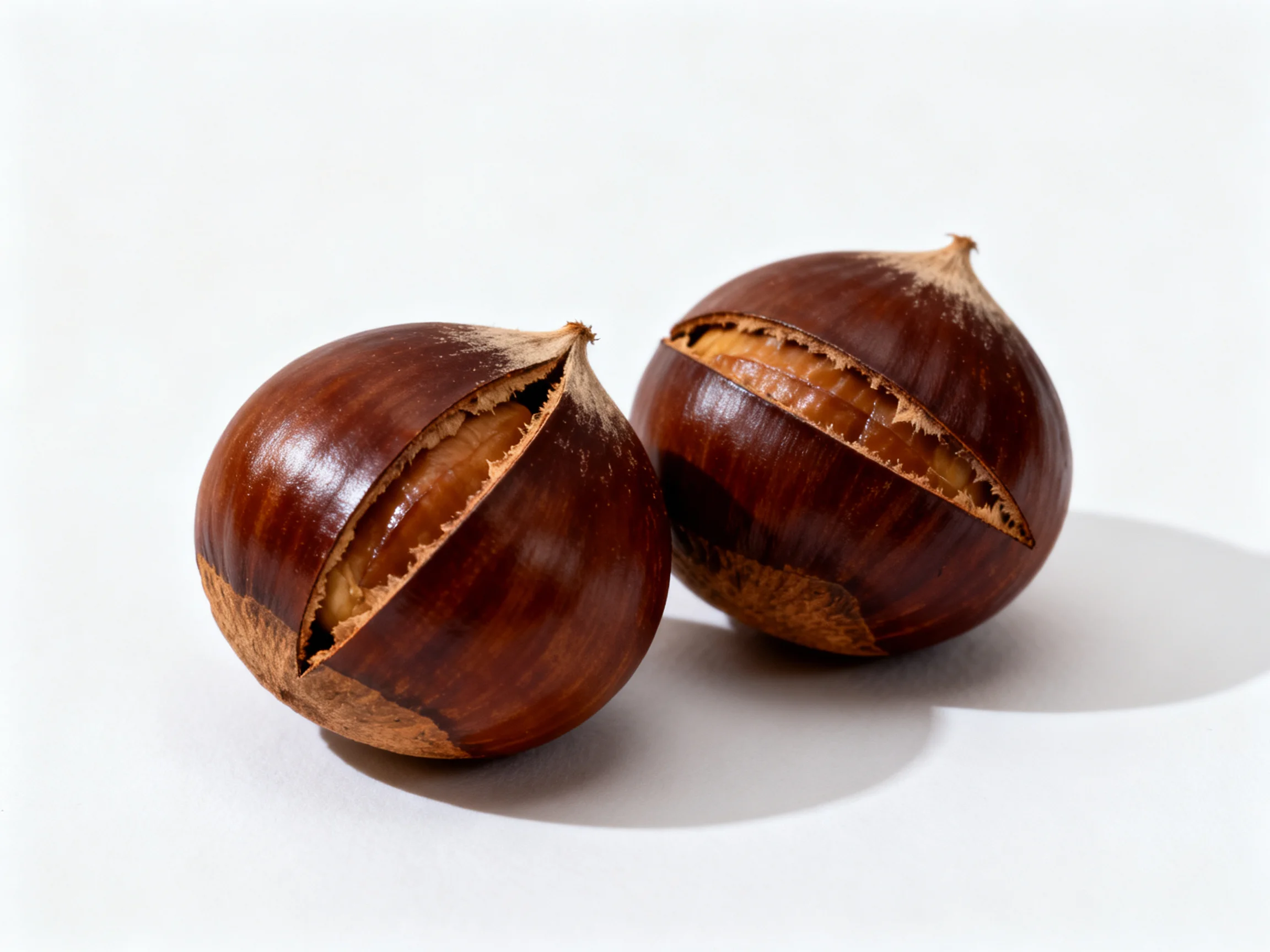 Two brown chestnuts with cracked shells on a white surface