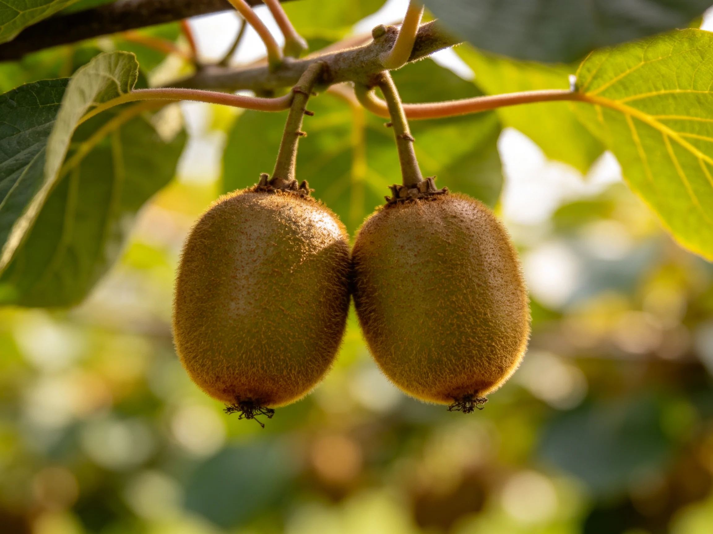 Two brown kiwis hang from a branch amid green foliage