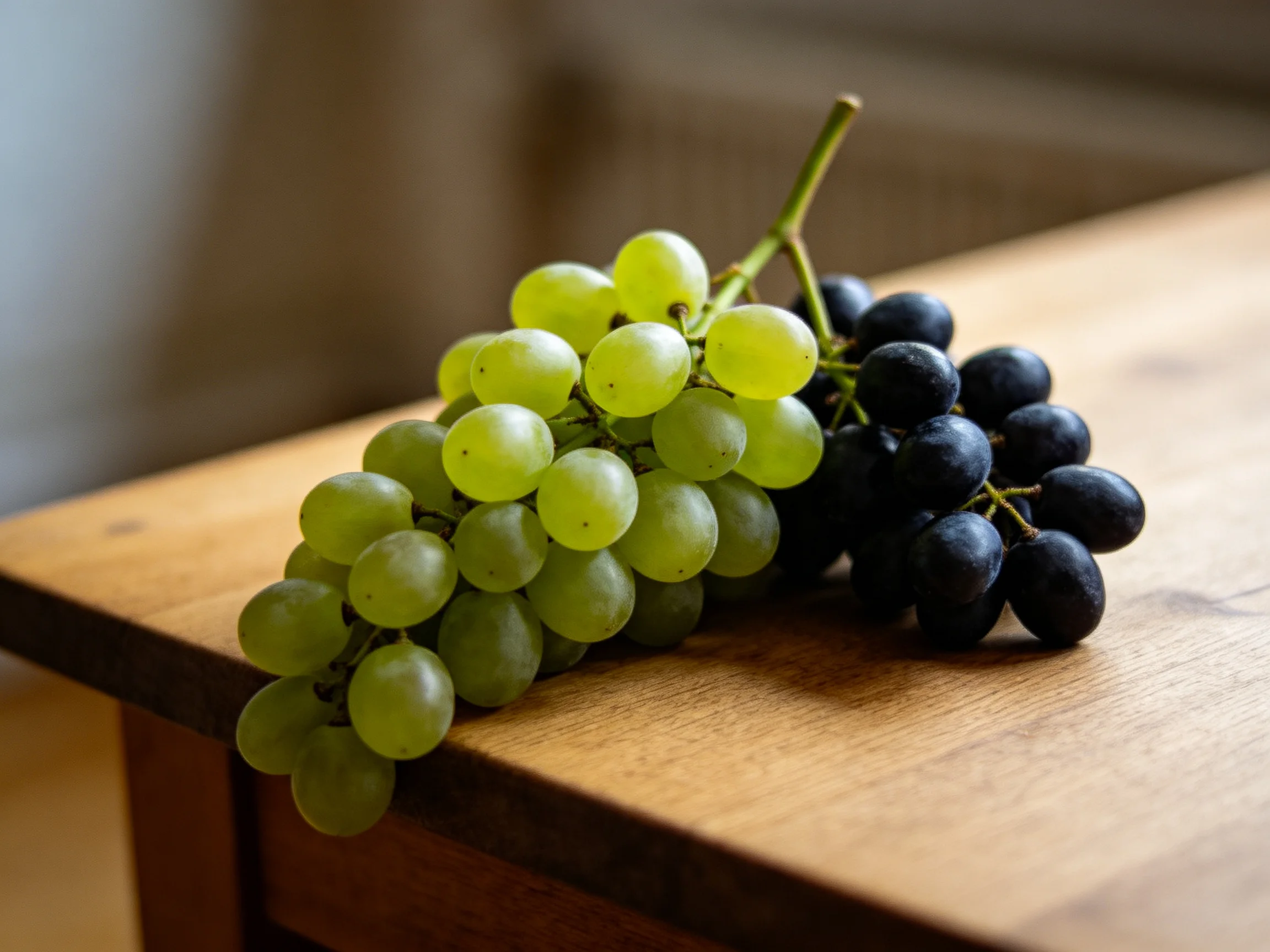 Two bunches of green and dark purple grapes on a polished wooden table