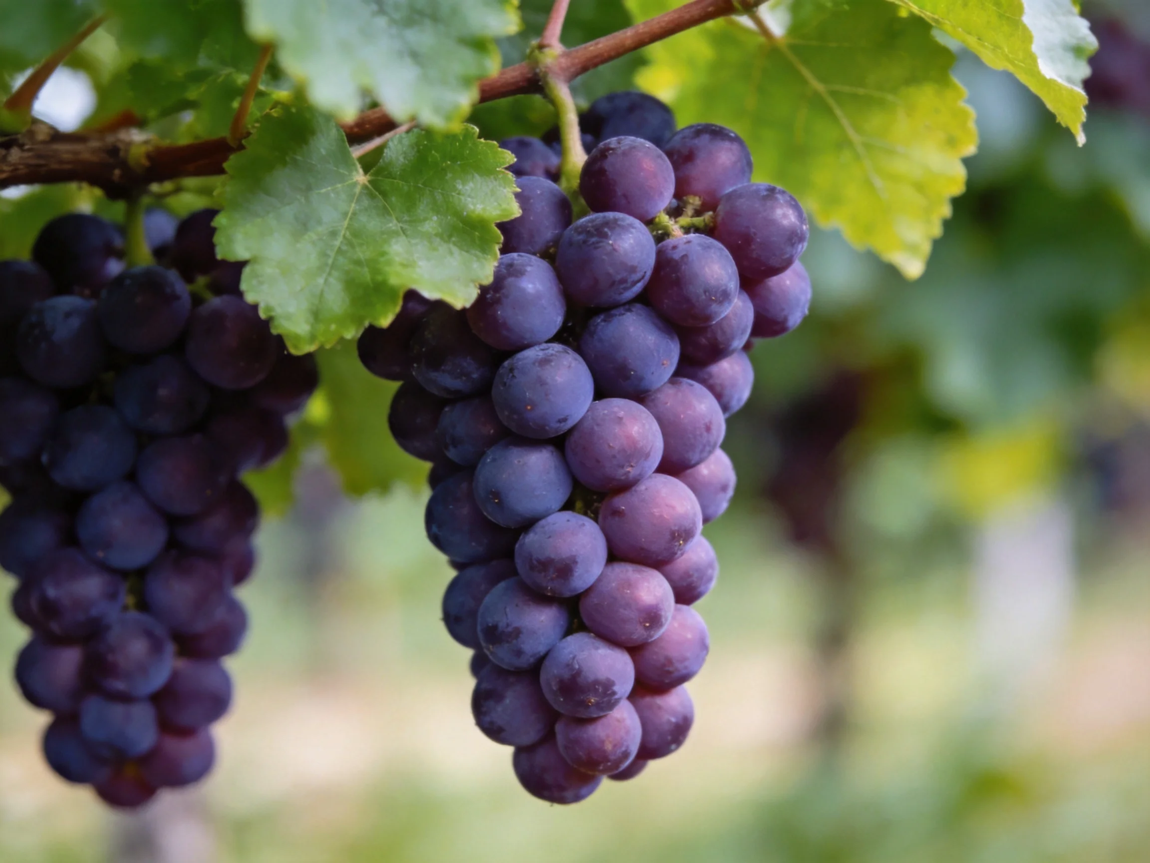 Two bunches of rich purple grapes hang from leafy vines