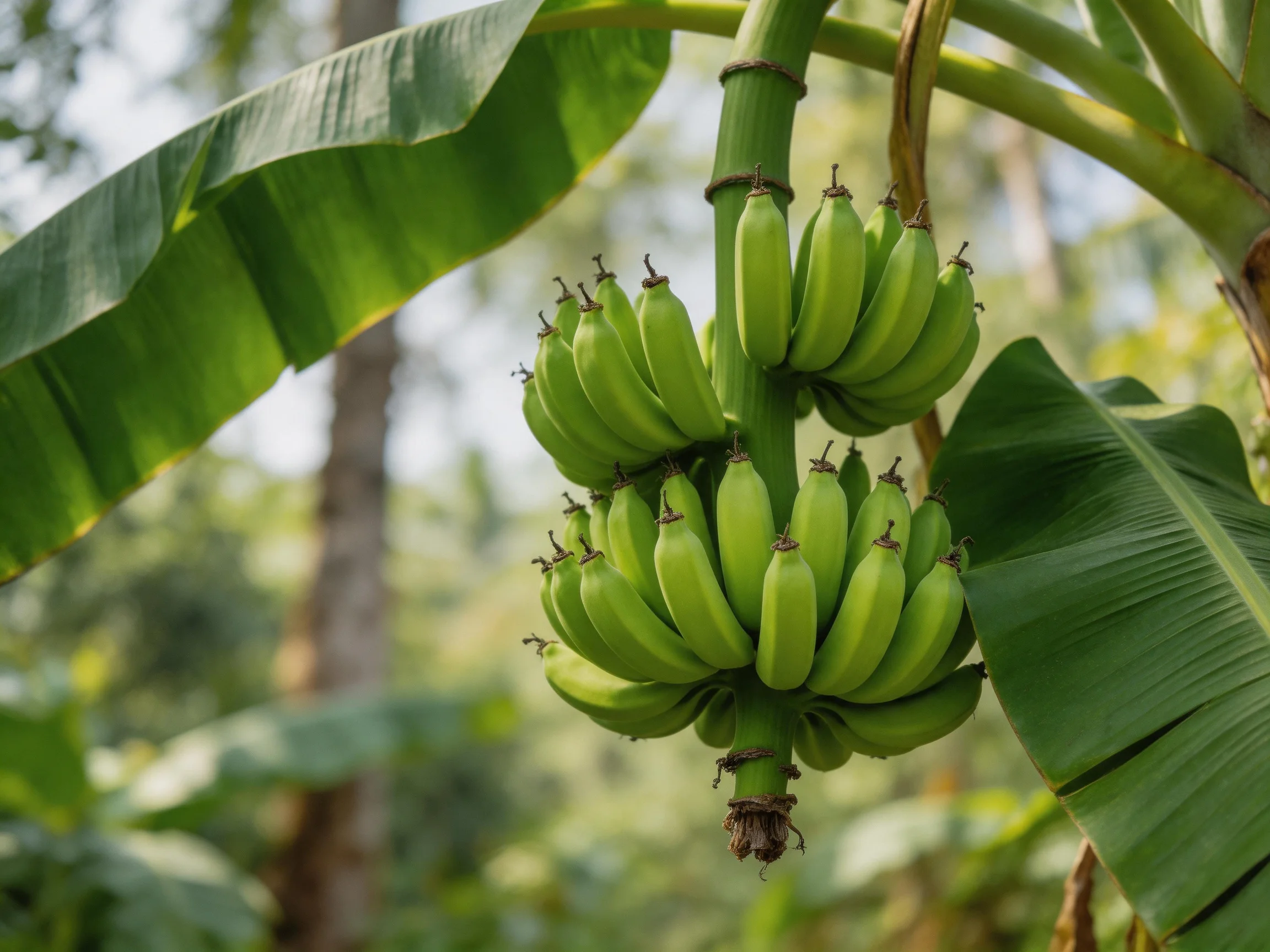 Two bunches of unripe green bananas hang from a banana tree