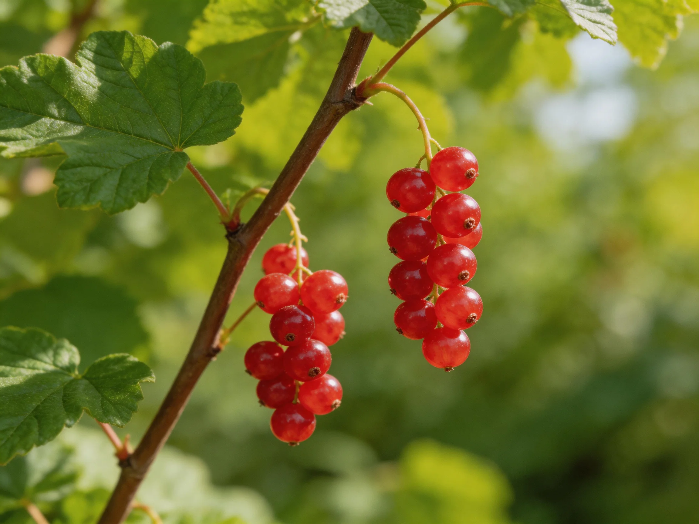 Two bunches of vibrant red berries hang from a branch with lush green foliage
