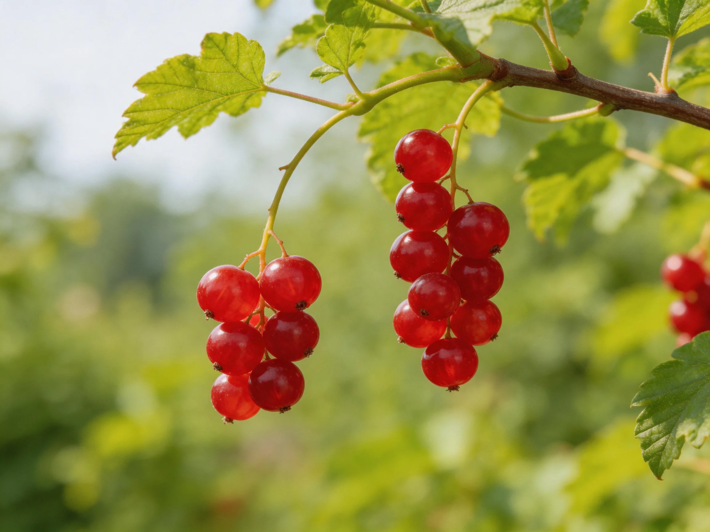 Two bunches of vibrant red currants hang from a branch