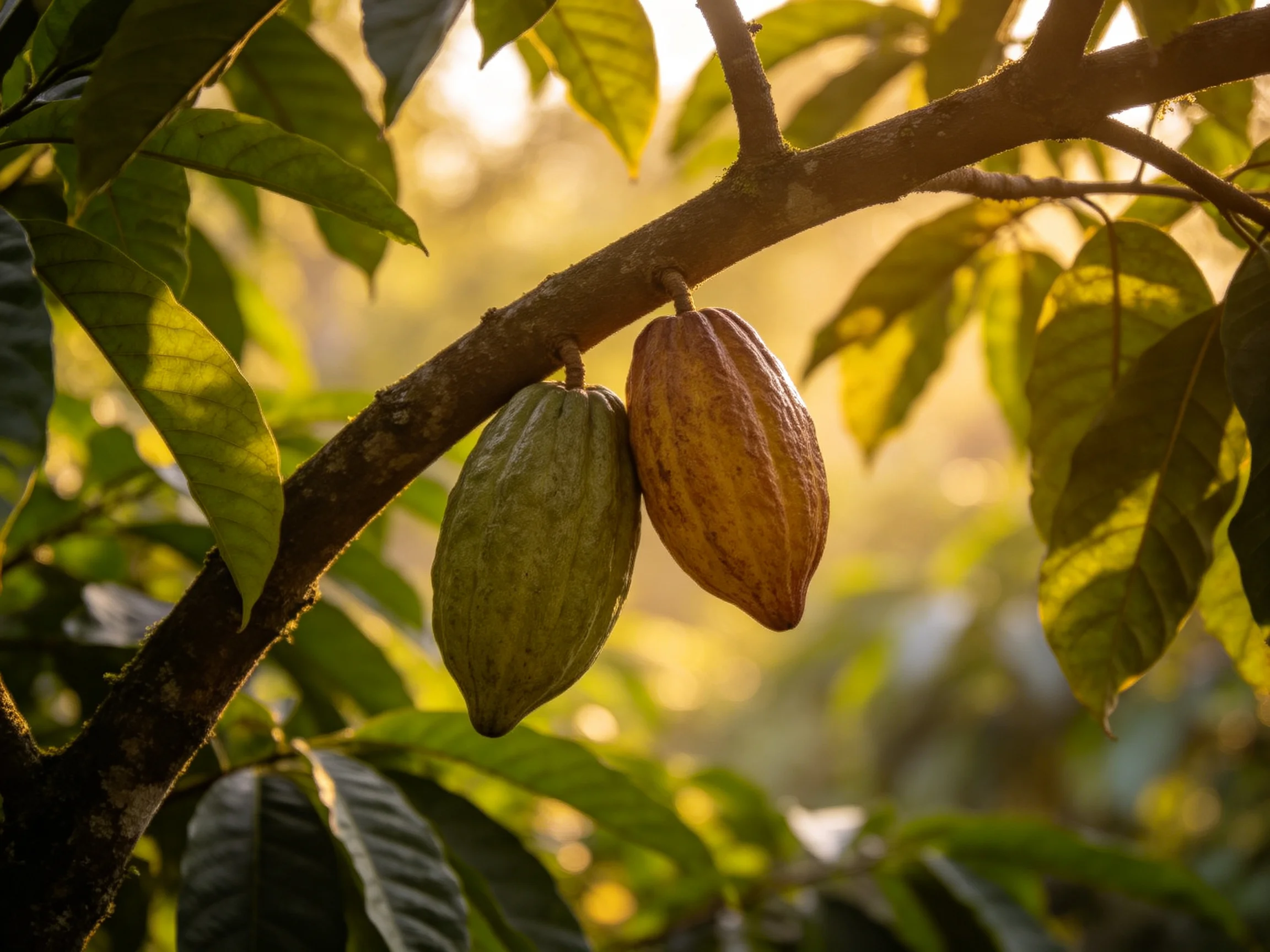 Two cacao pods hang from a tree branch amid lush green foliage