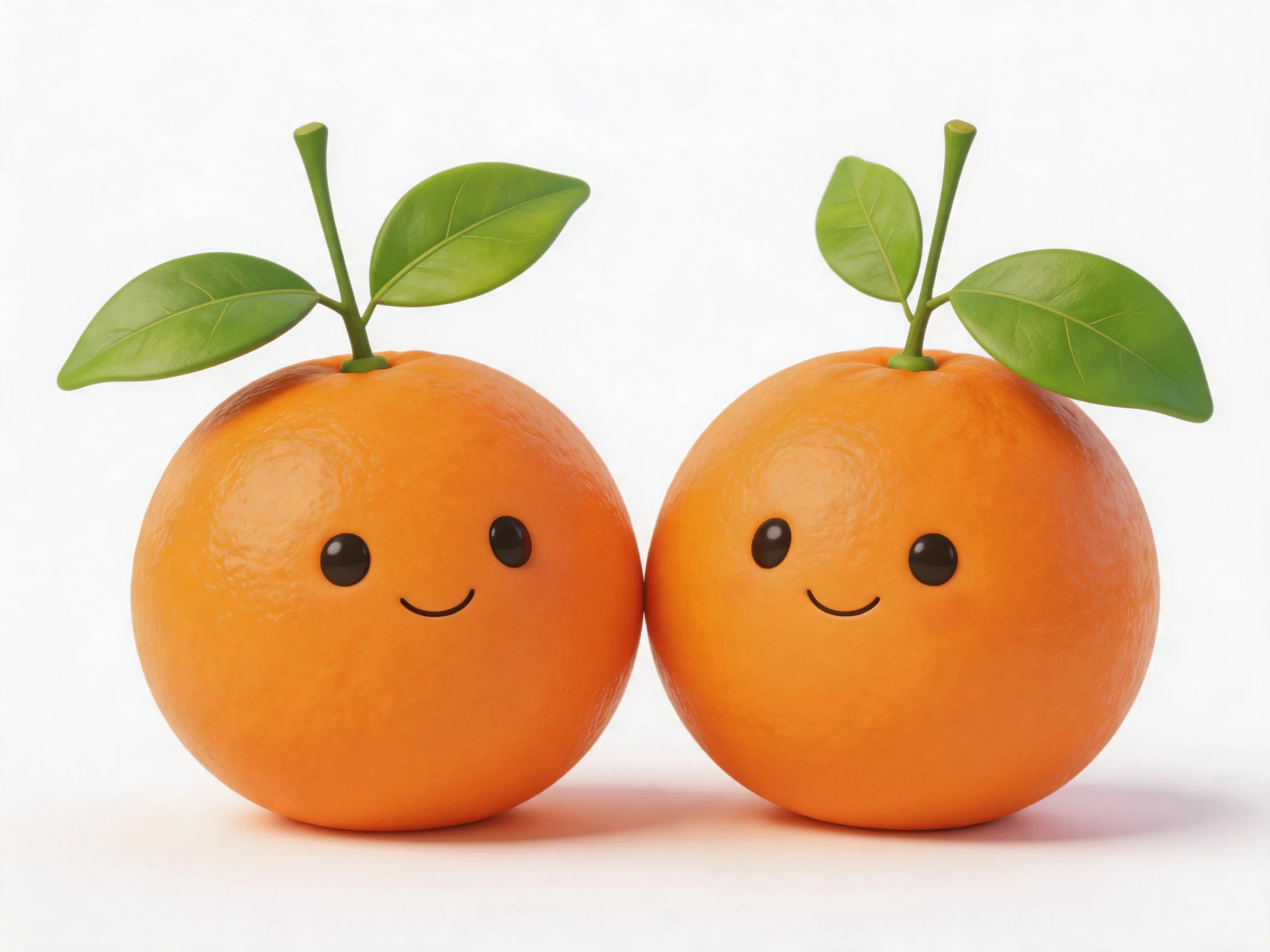 Two cartoonish orange fruits with green leaves and smiling faces