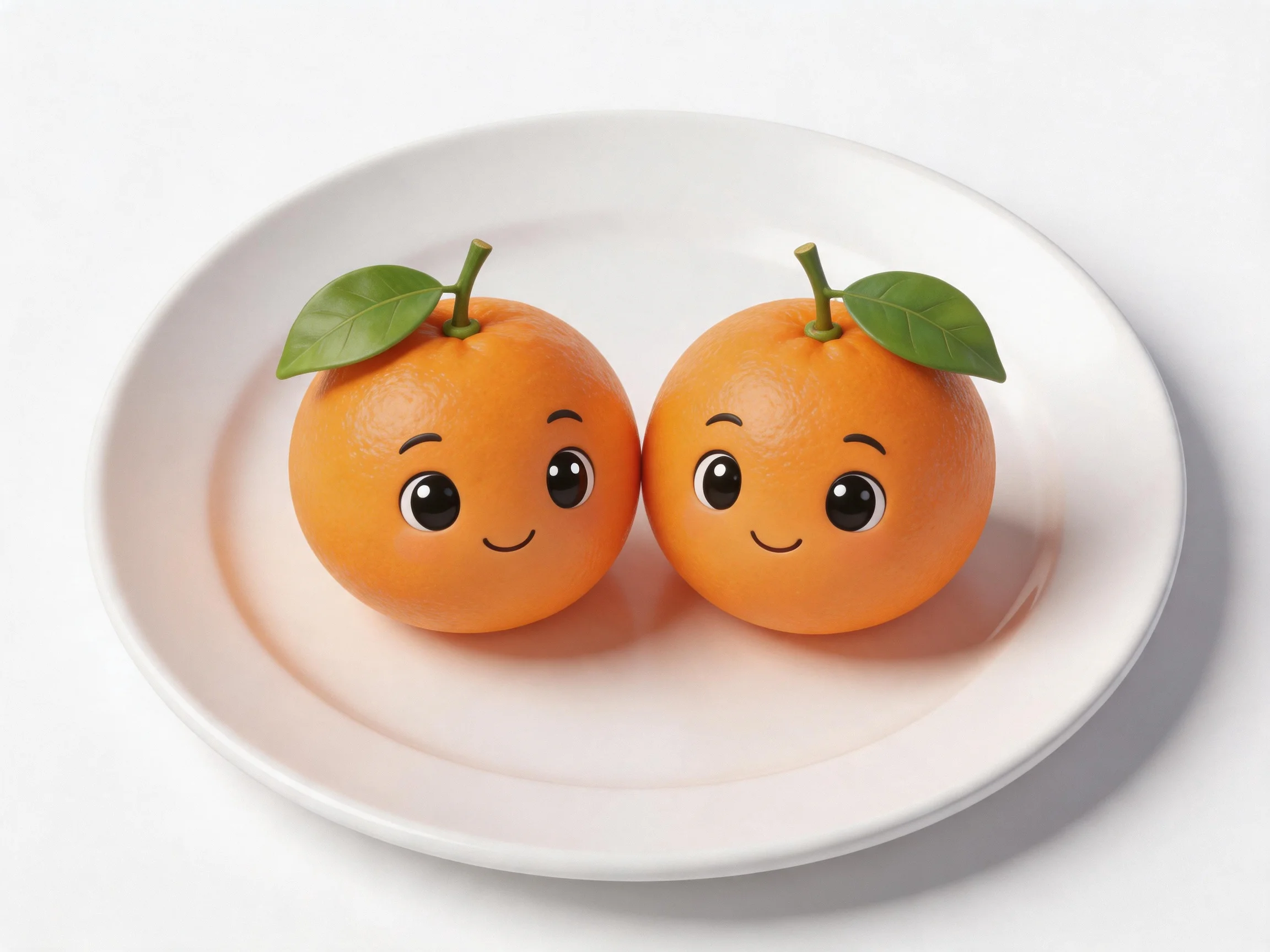 Two cartoonish oranges with green leaves on a white plate