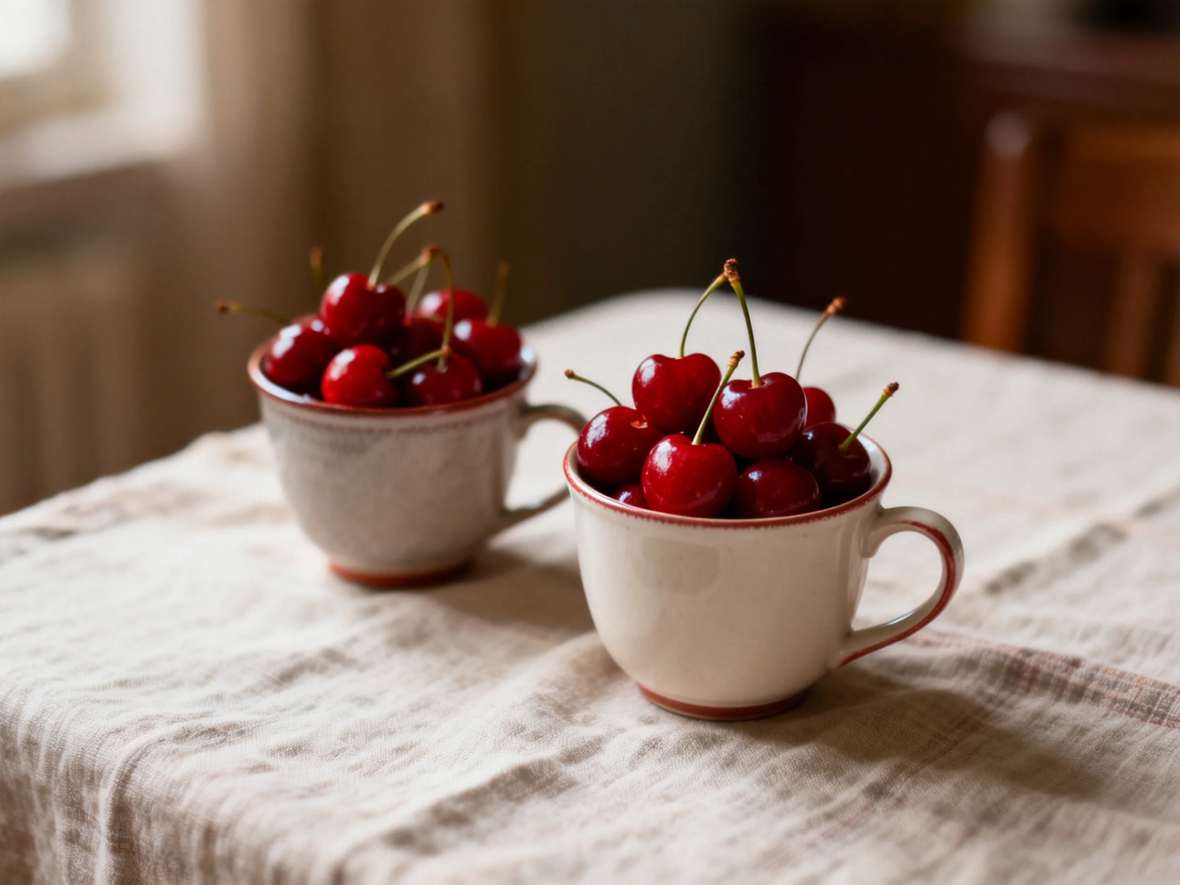 Two ceramic cups overflowing with bright red cherries on a textured tablecloth
