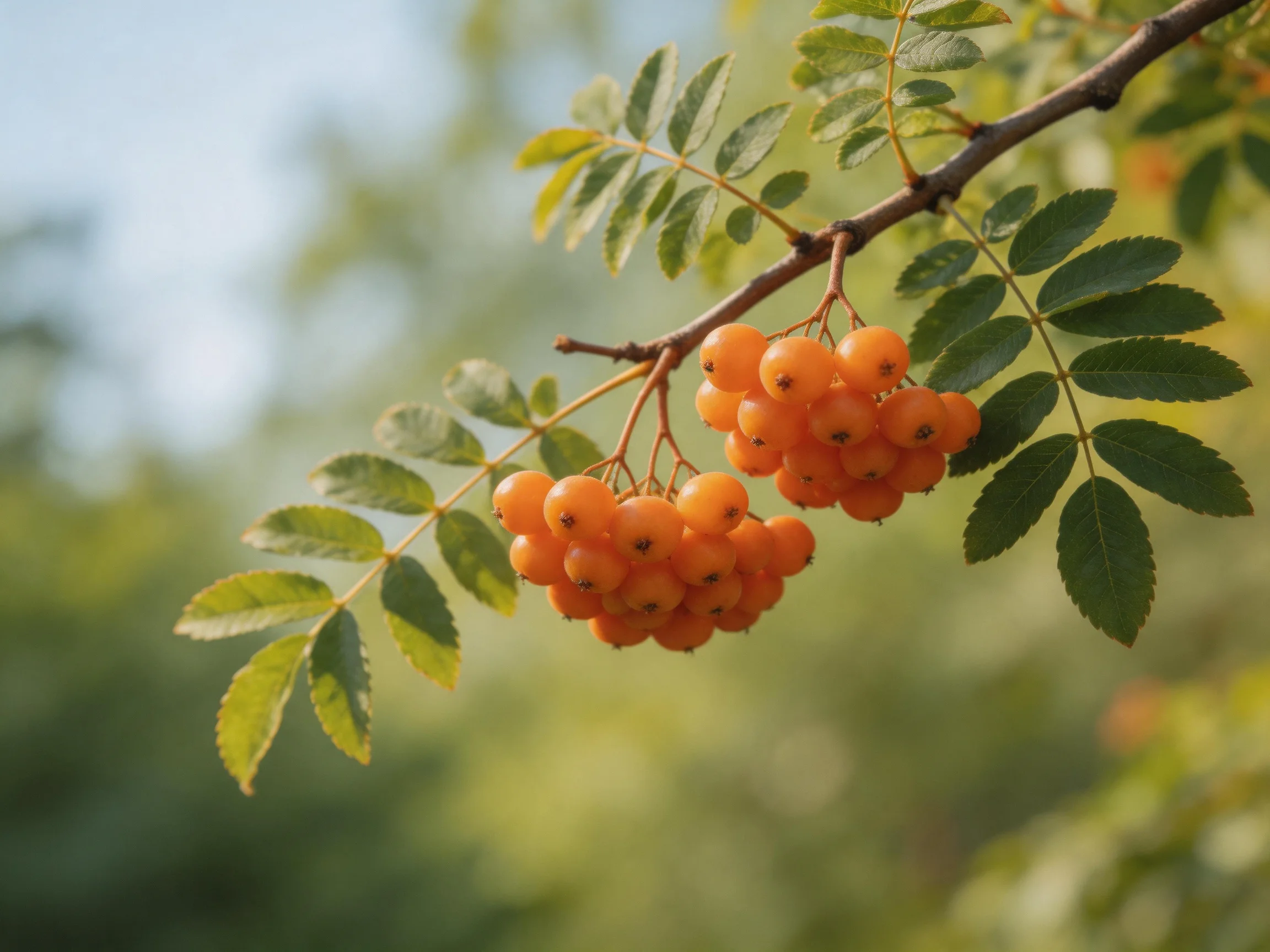 Two clusters of bright orange berries hang from a brown tree branch
