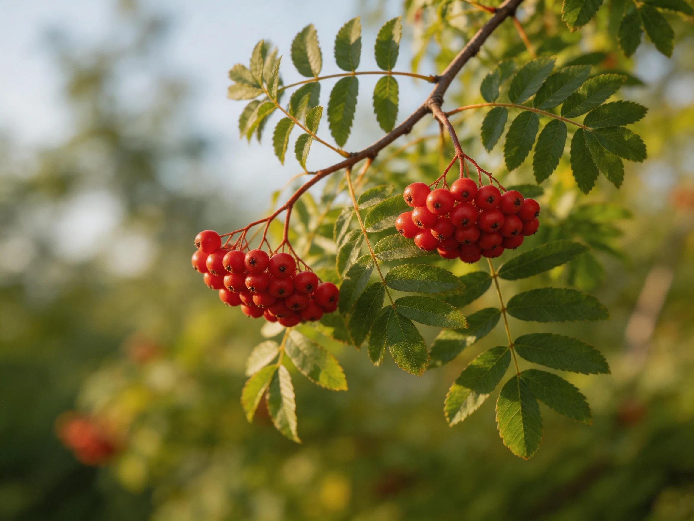 Two clusters of bright red berries on a branch with green leaves