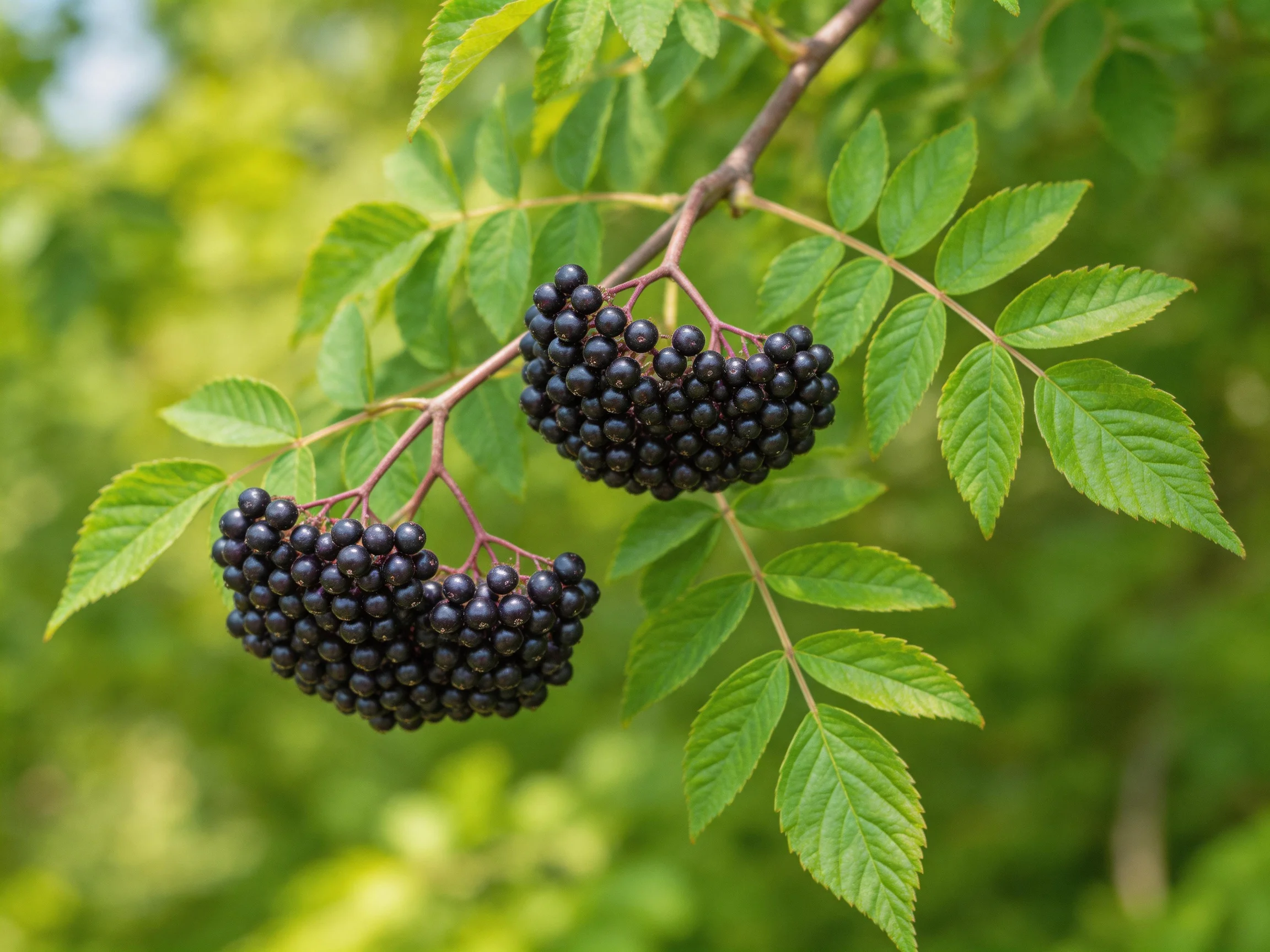 Two clusters of dark purple berries hang from a branch with vibrant green leaves