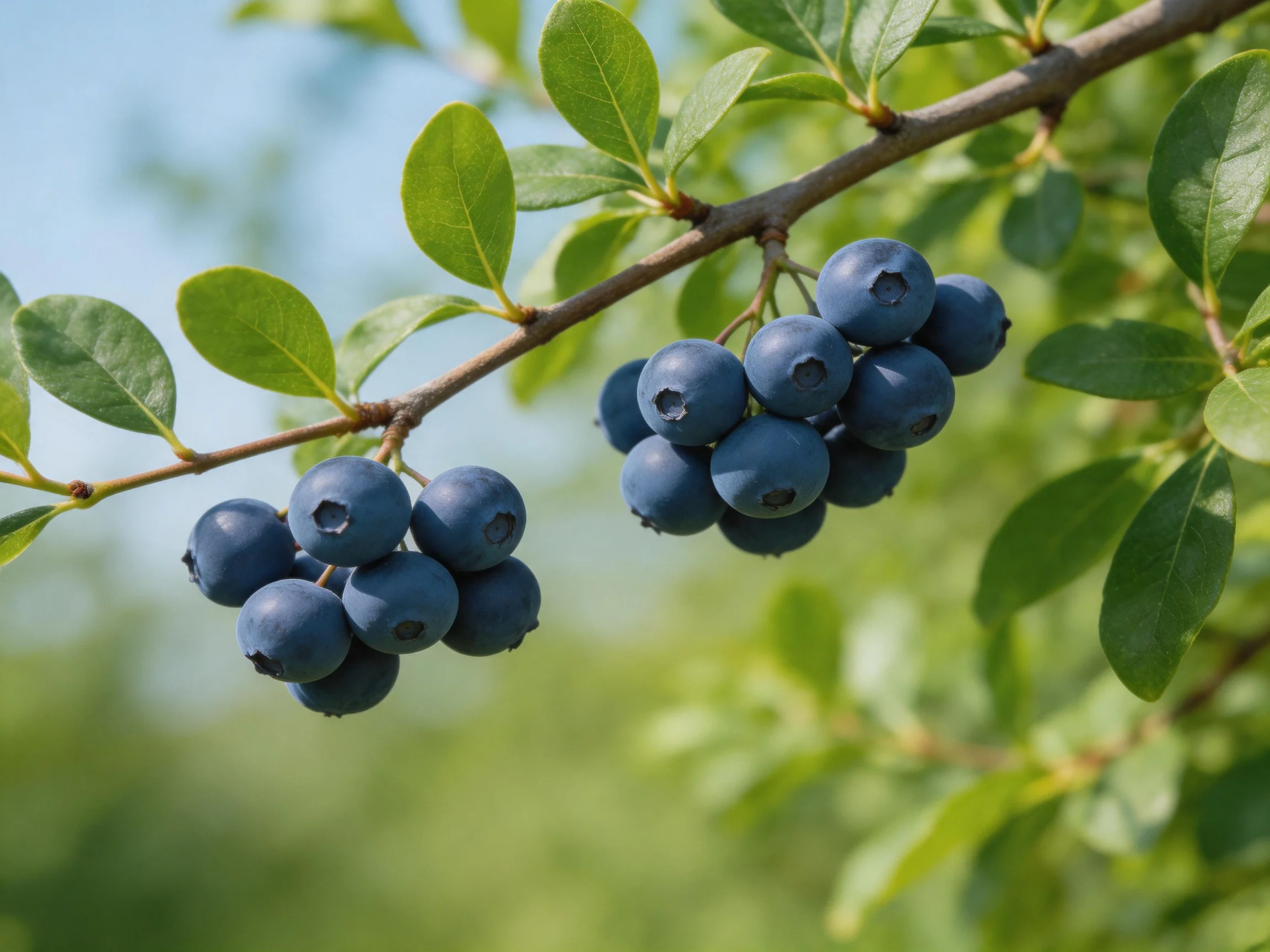 Two clusters of deep blueberries hang from a branch with vibrant green leaves.