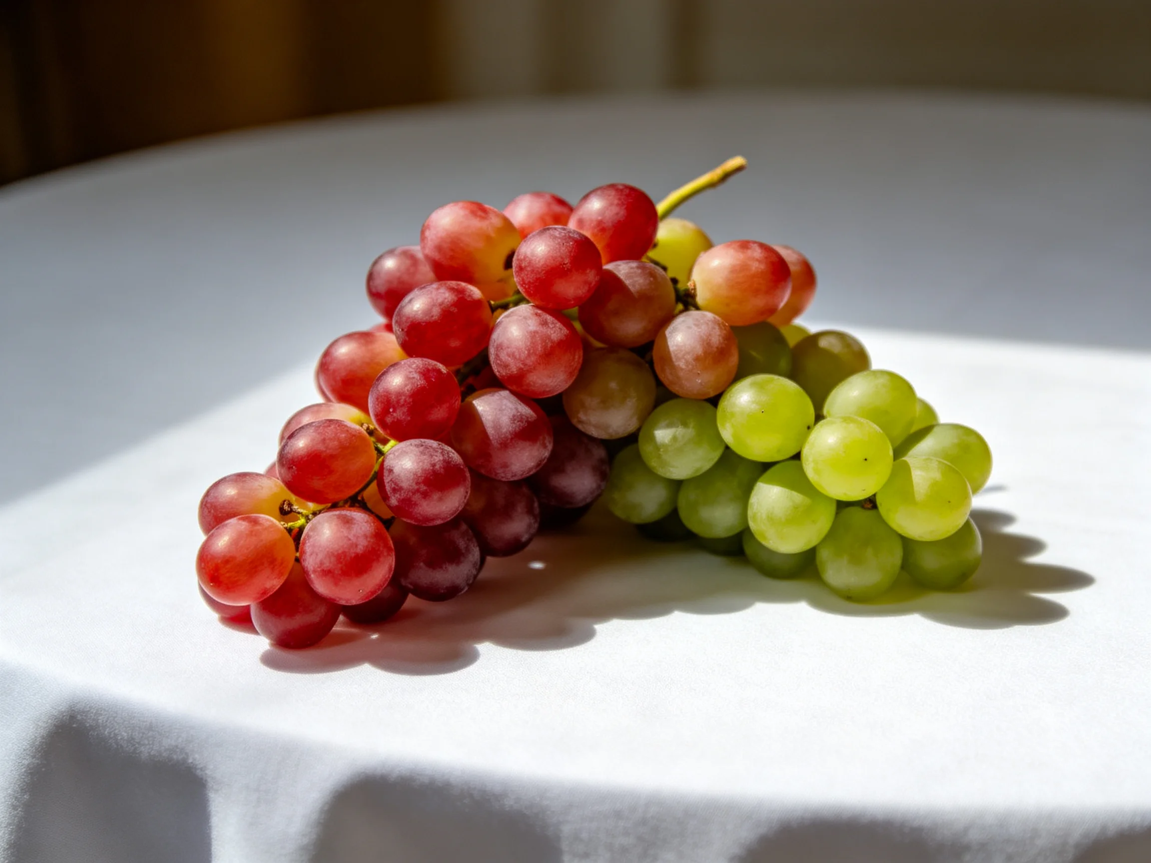 Two clusters of red and green grapes rest on a white tablecloth