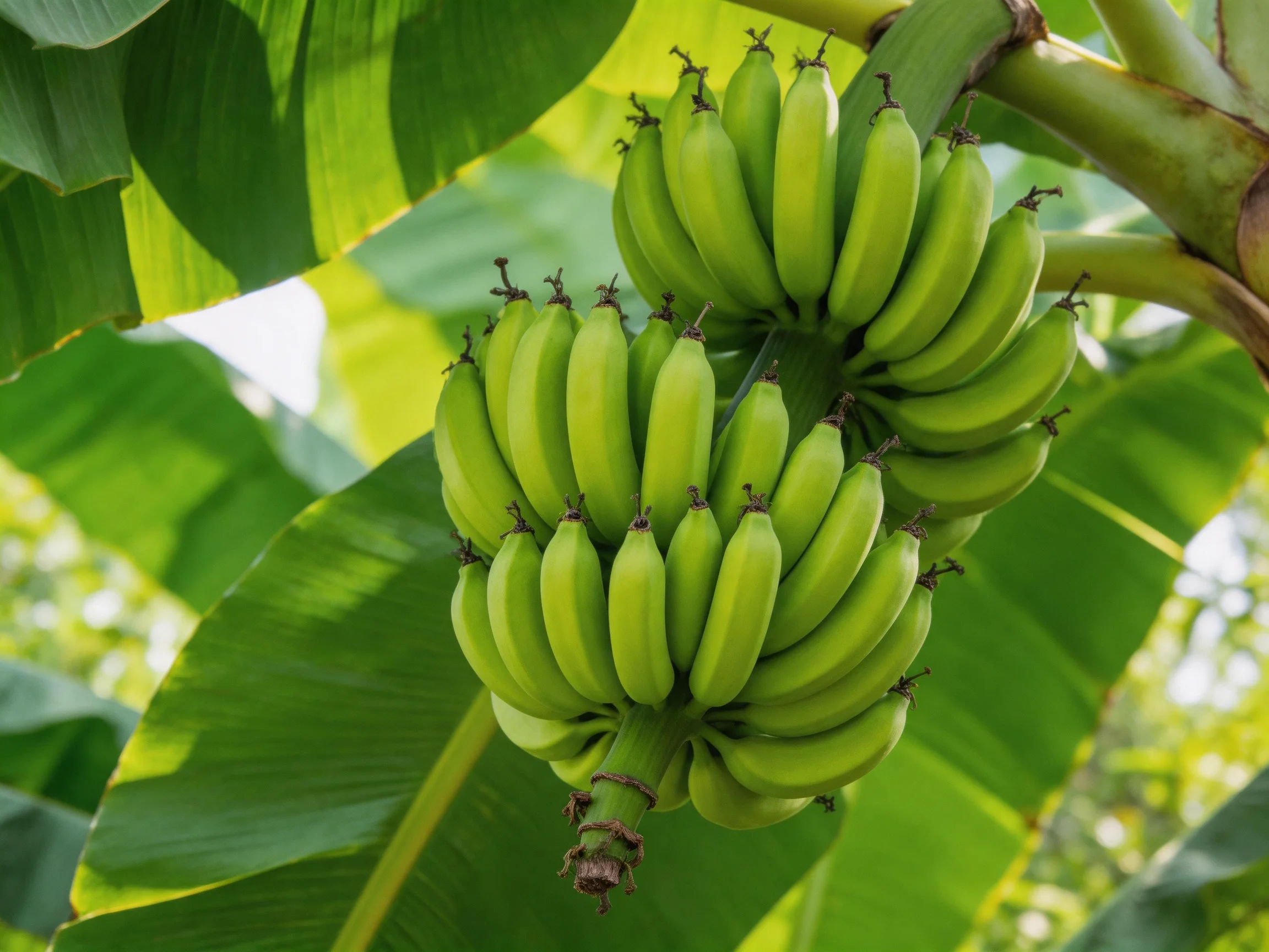 Two clusters of unripe green bananas hang from a banana tree