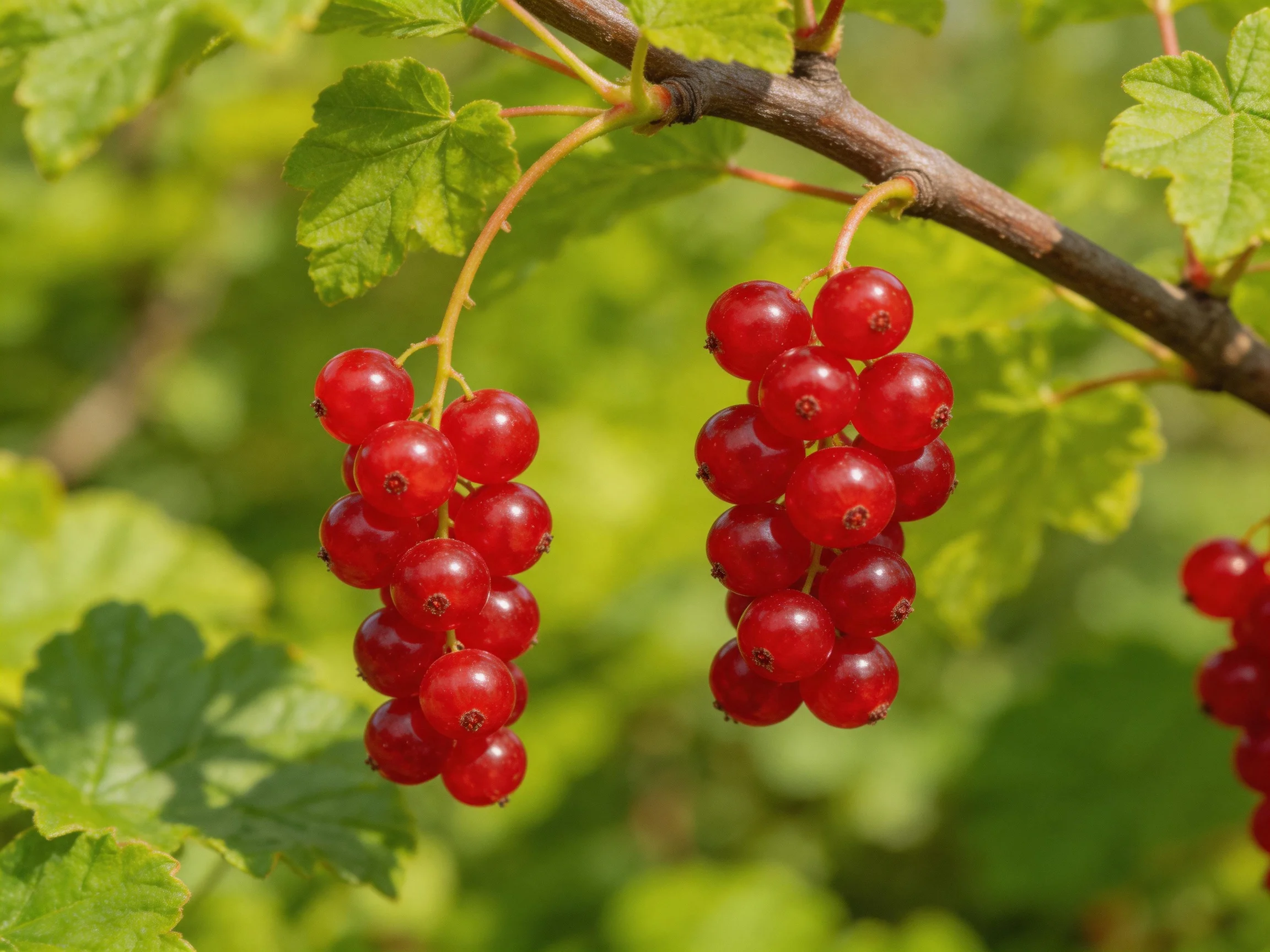 Two clusters of vibrant red berries hang from a branch with green foliage.