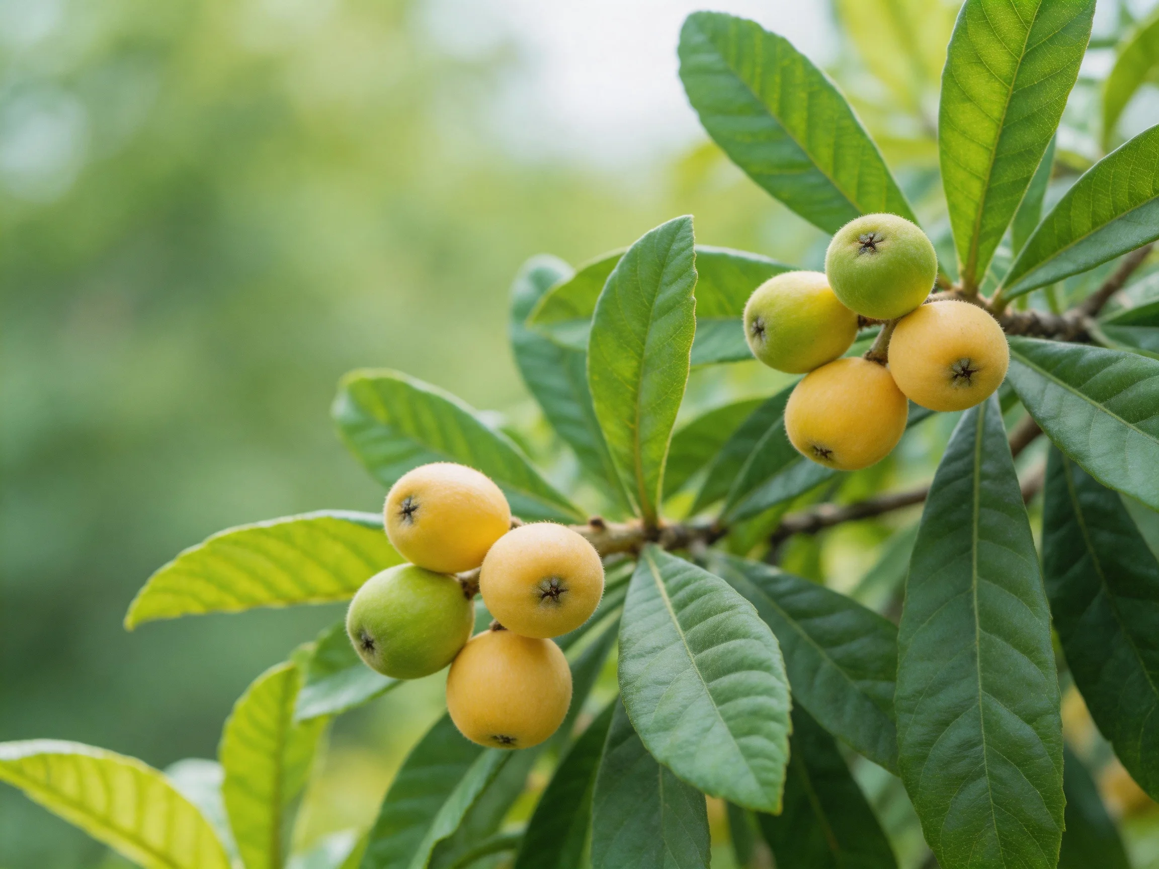 Two clusters of yellow-green loquats with broad leaves