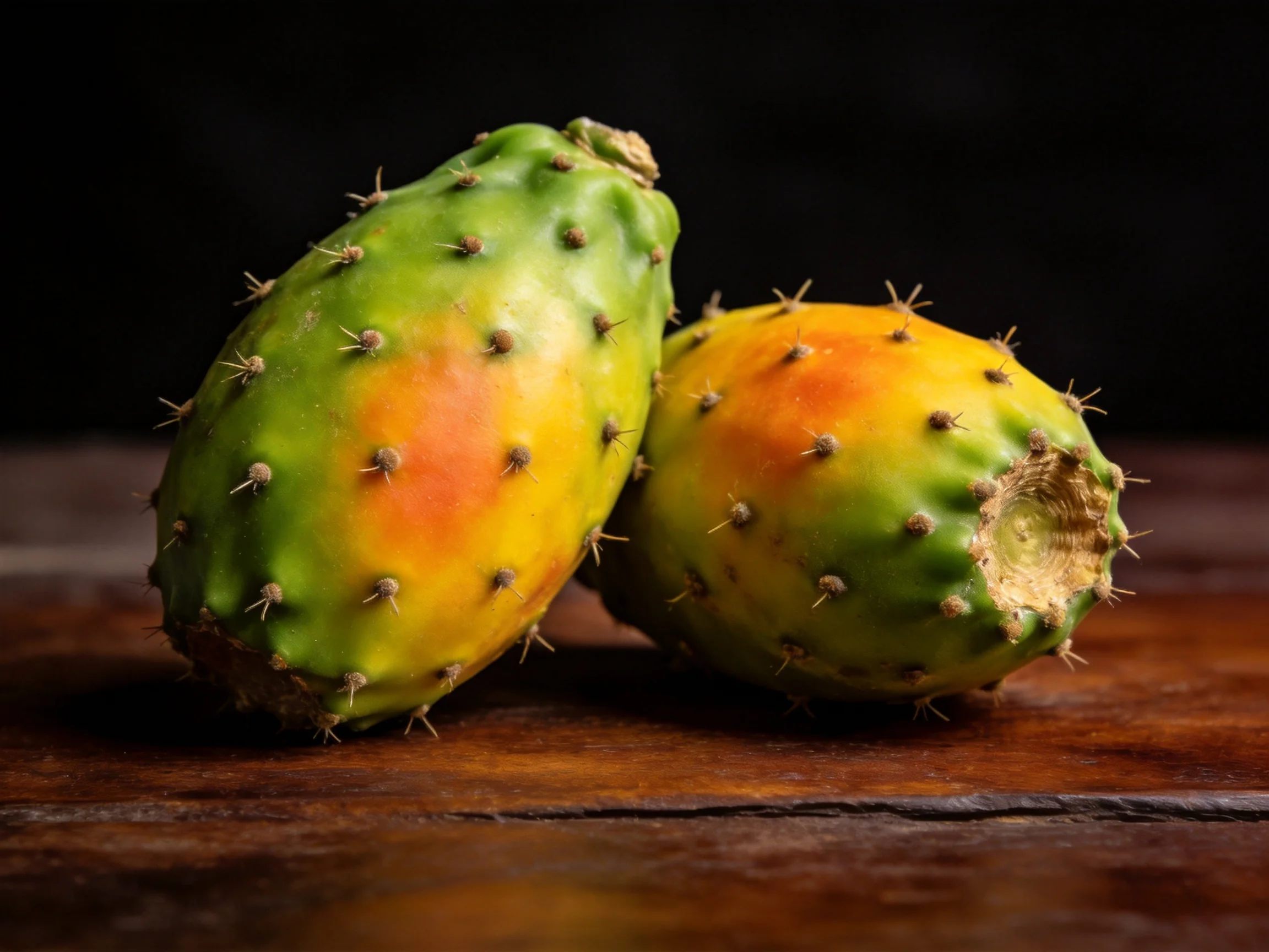 Two colorful prickly pears with spines rest on a wooden surface