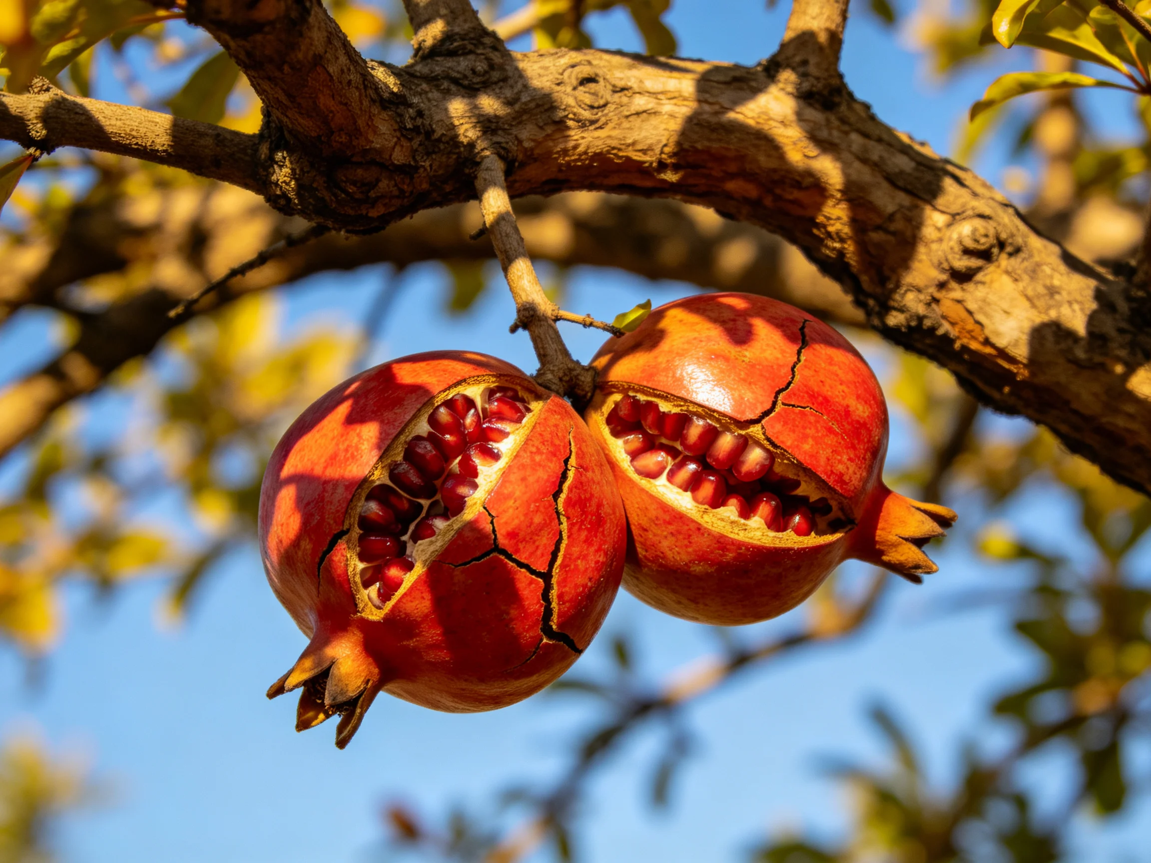 Two cracked pomegranates with red seeds hang from a gnarled tree branch