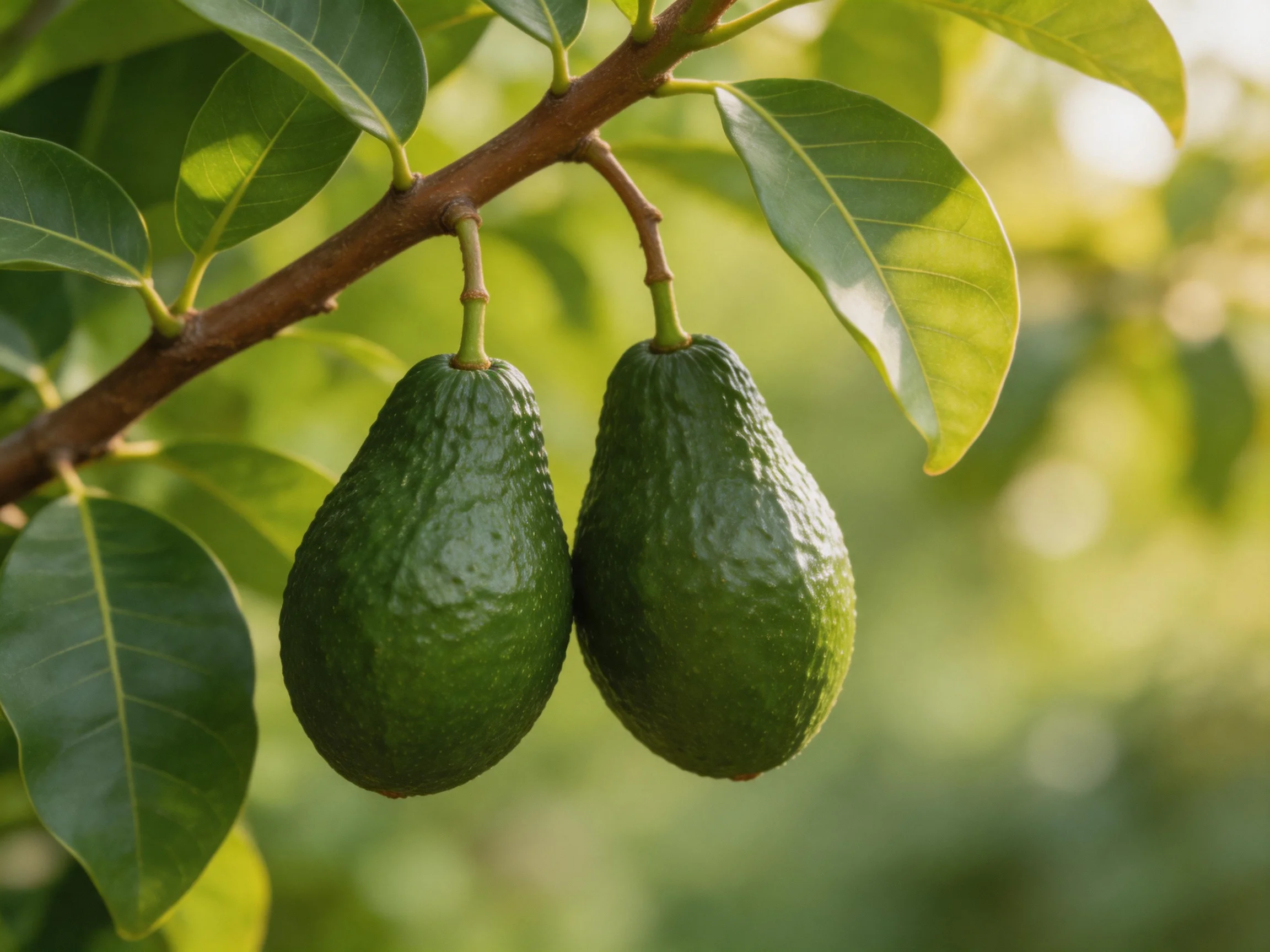 Two dark green avocados hang from a tree branch amid lush foliage