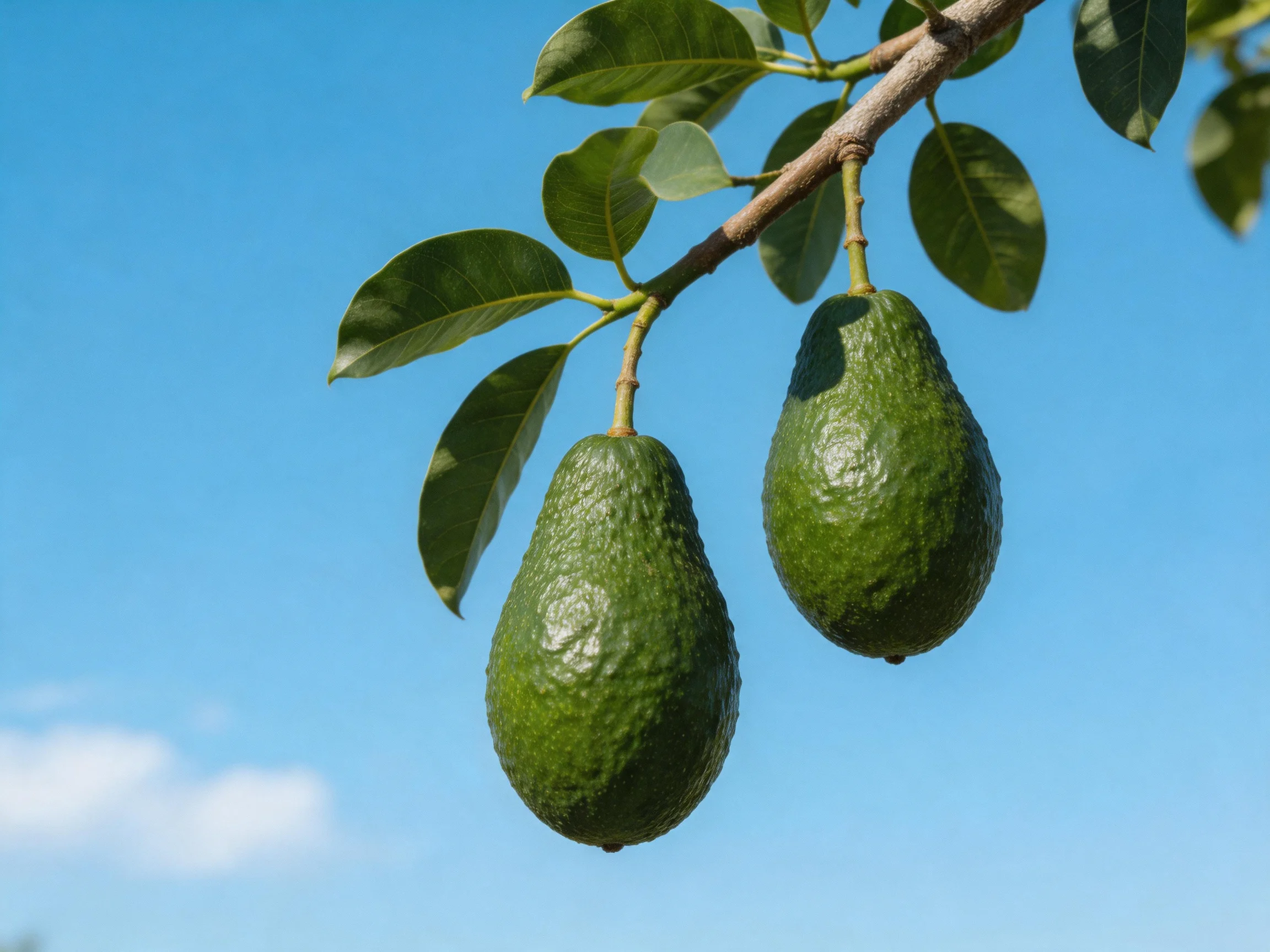 Two dark green avocados hang from a tree branch with glossy leaves