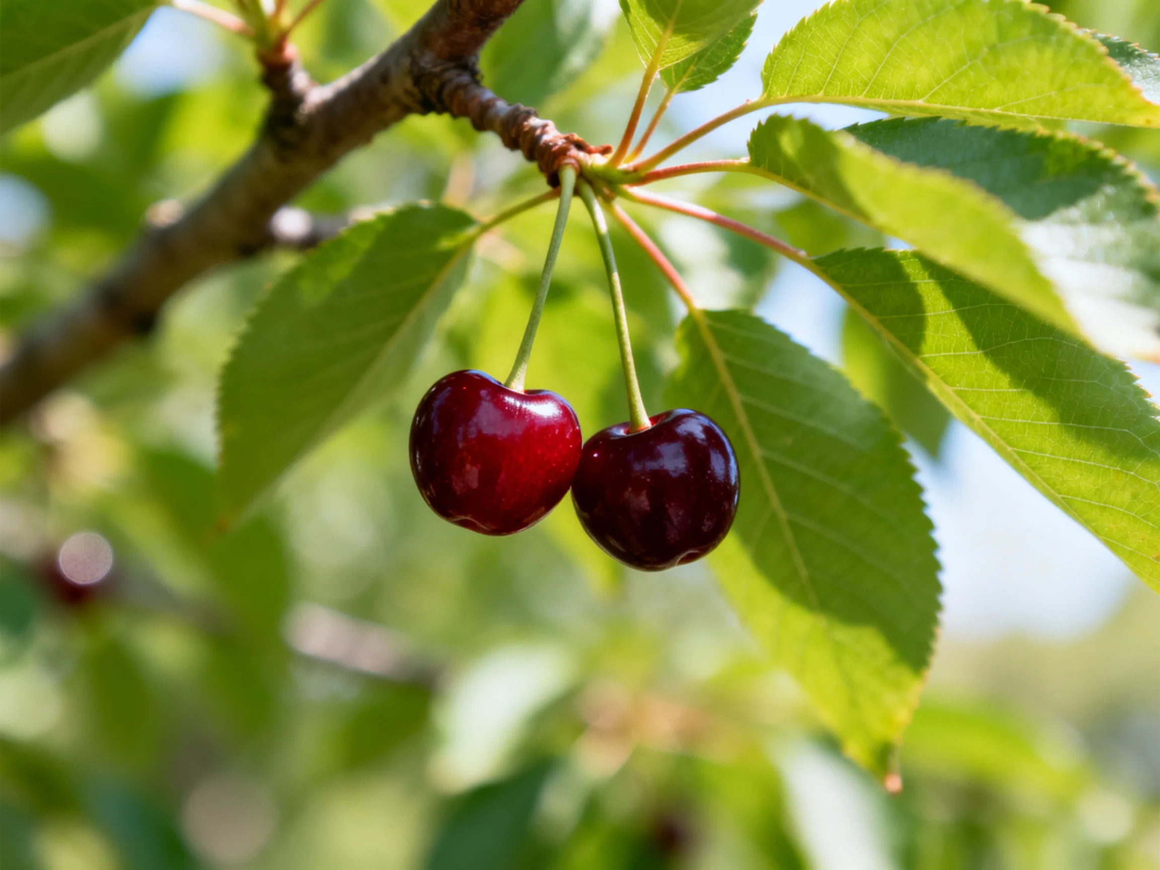 Two dark red cherries hang from a branch with lush green leaves