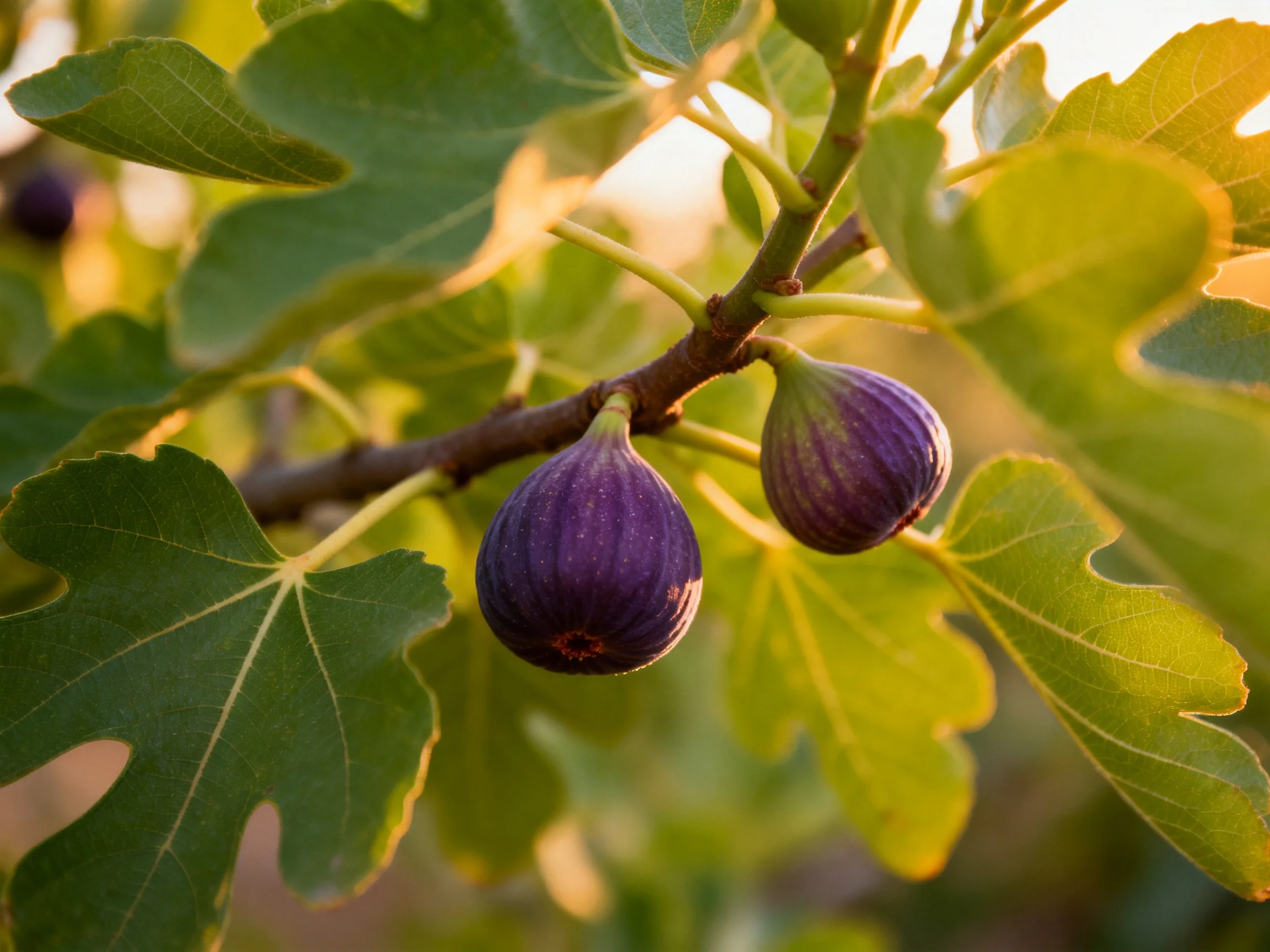 Two deep-purple figs hang from a branch among large green leaves