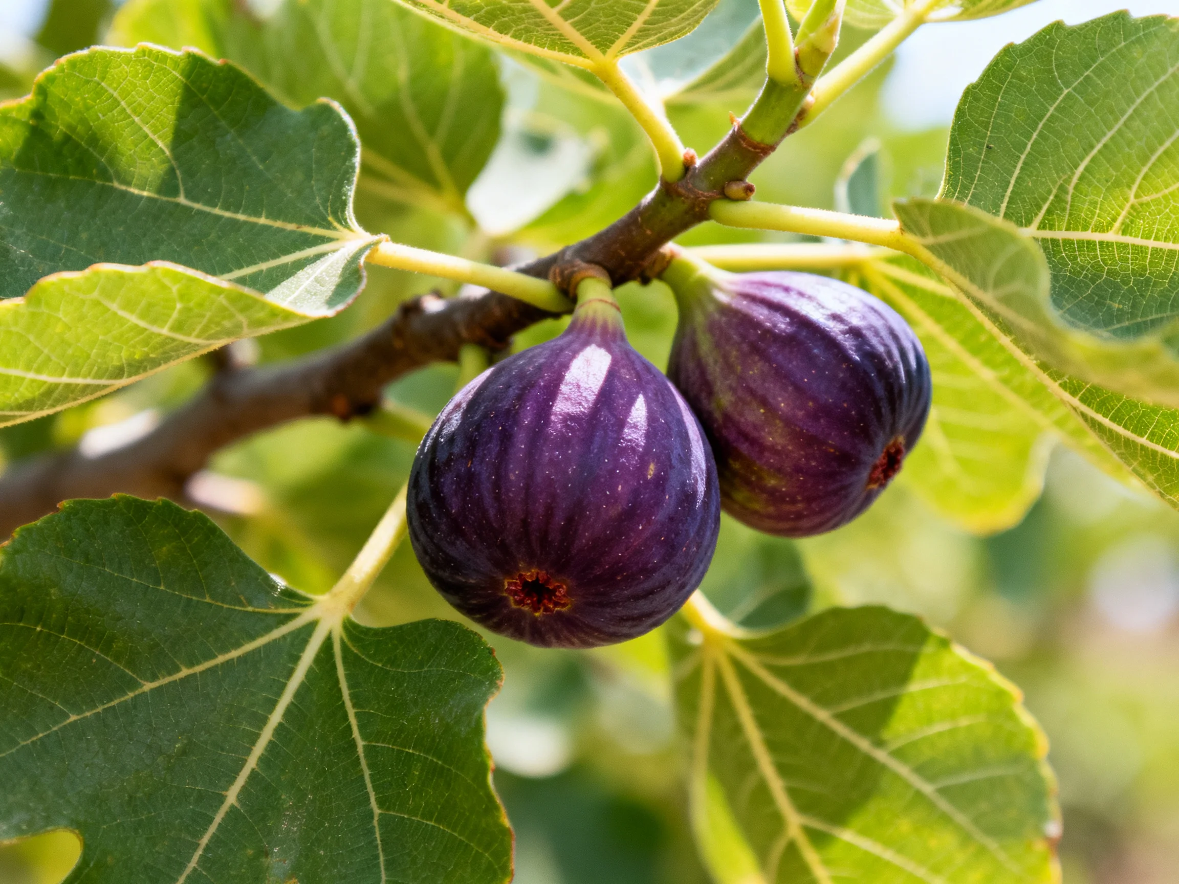 Two deep purple figs hang from a branch among lush green leaves