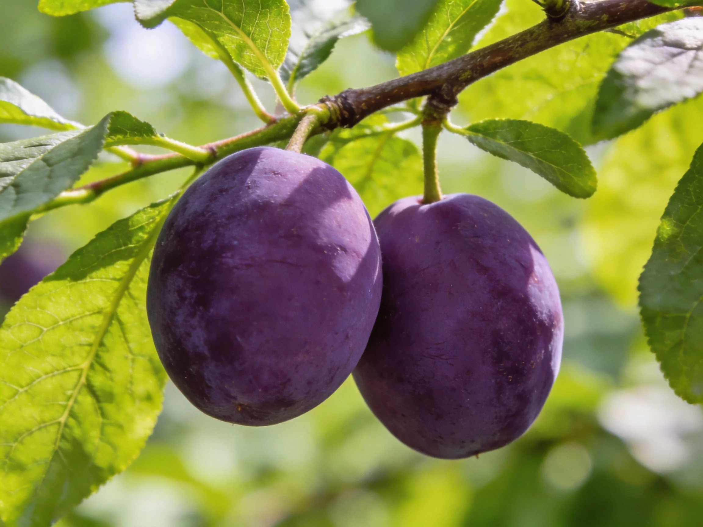 Two deep purple plums hang from a tree branch amid bright green foliage
