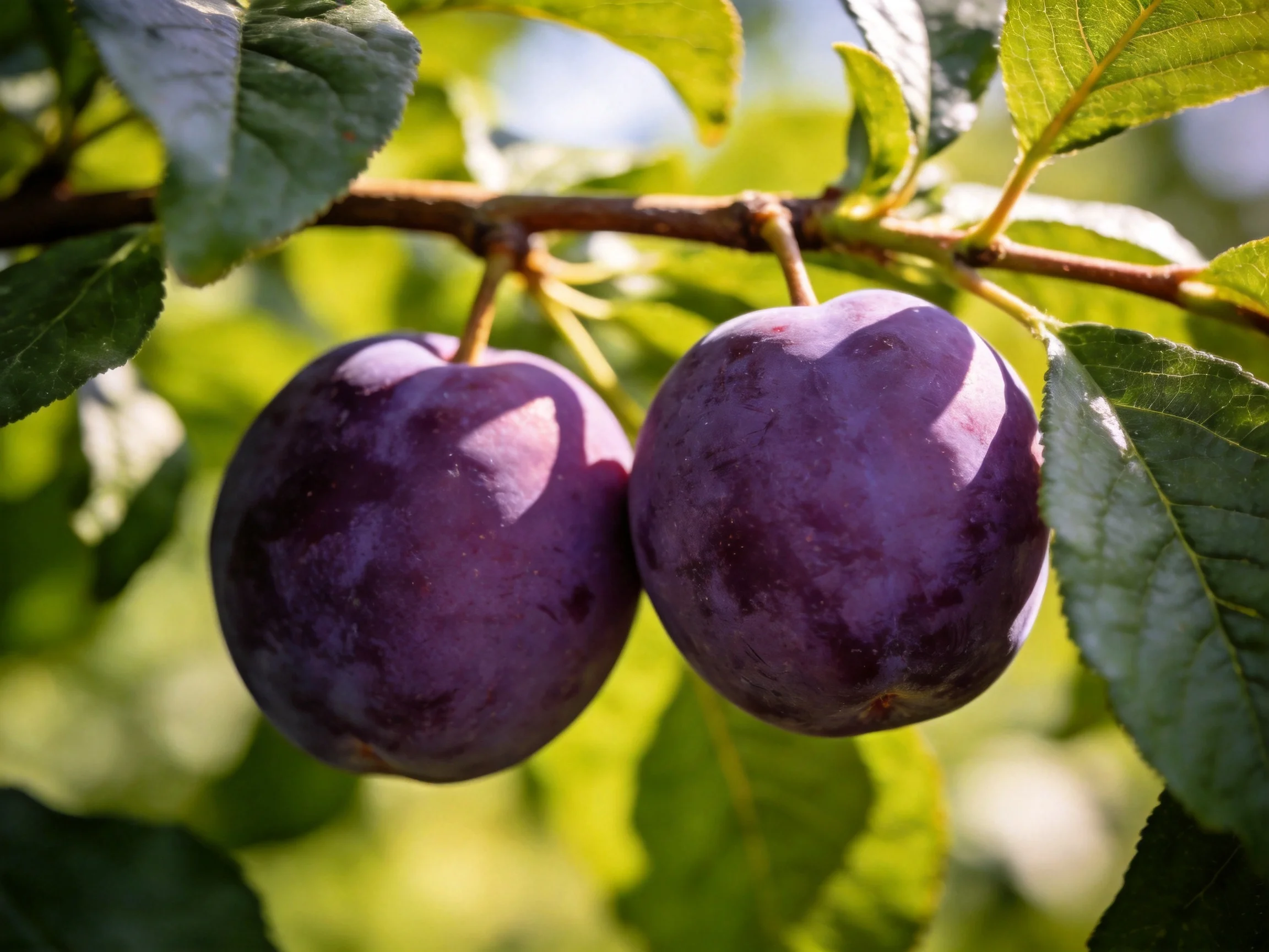 Two deep-purple plums hang from a tree branch amid green foliage