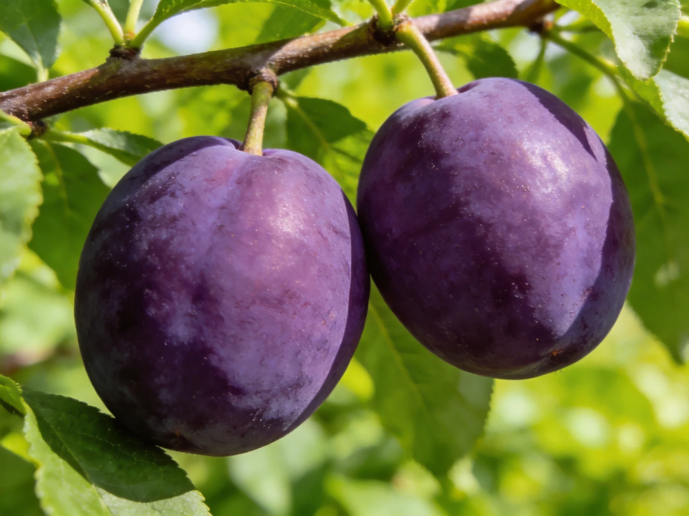 Two deep purple plums hang from a tree branch amid green foliage