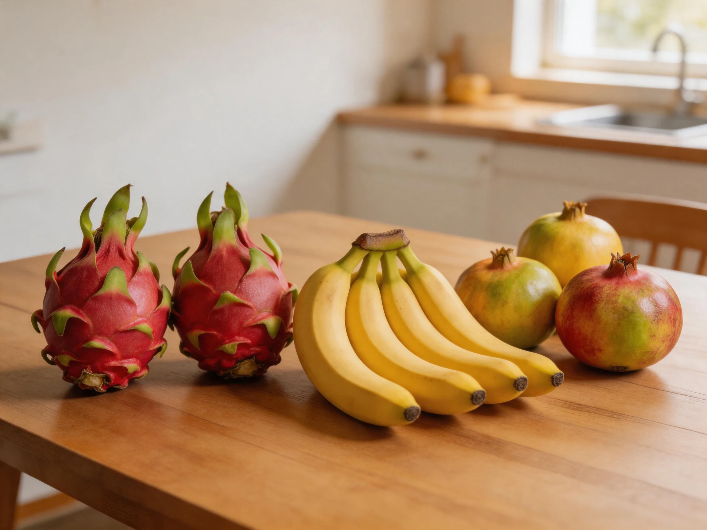 Two dragon fruits, a banana cluster, and three pomegranates sit on a wooden table