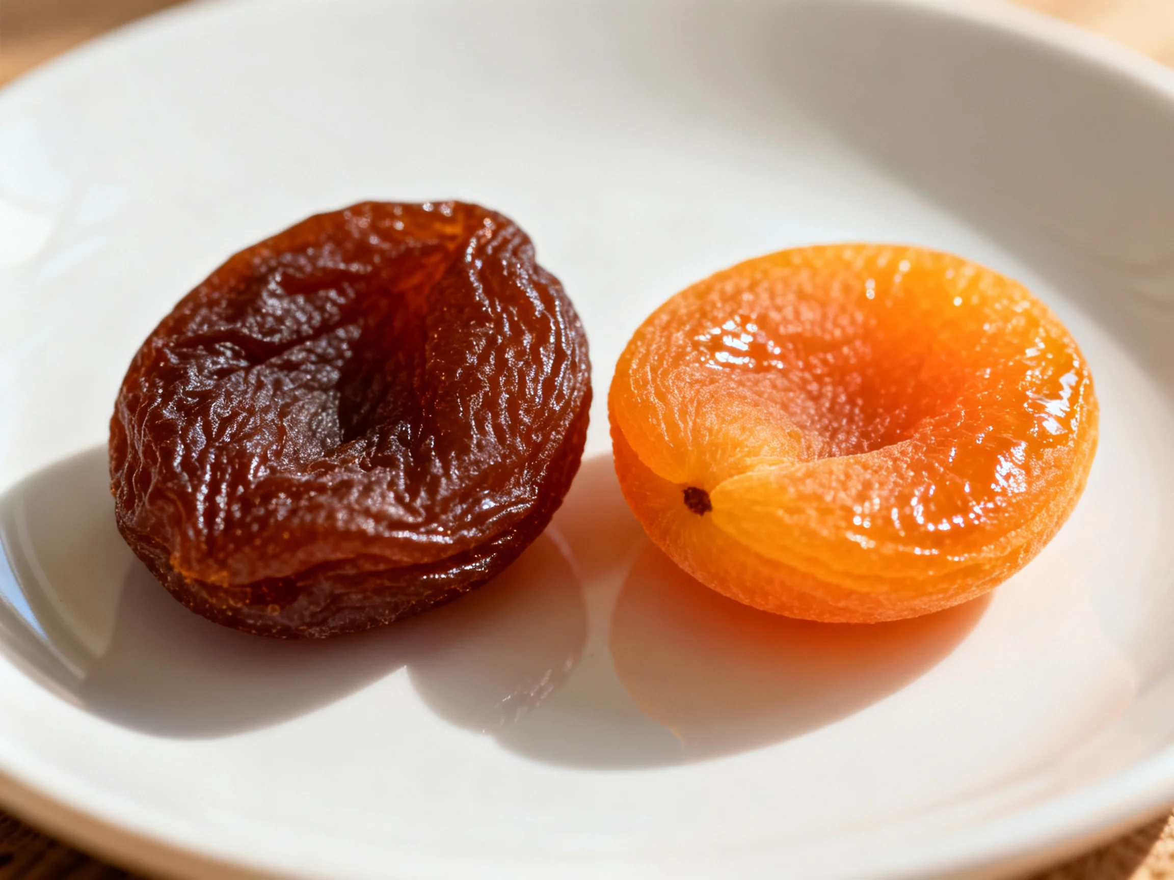 Two dried apricots on a white plate, one dark brown, one orange