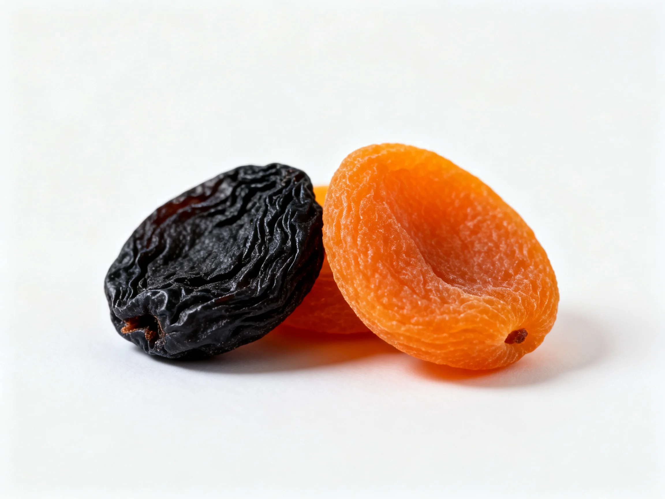 Two dried fruits, one dark purple, one orange, on a white surface
