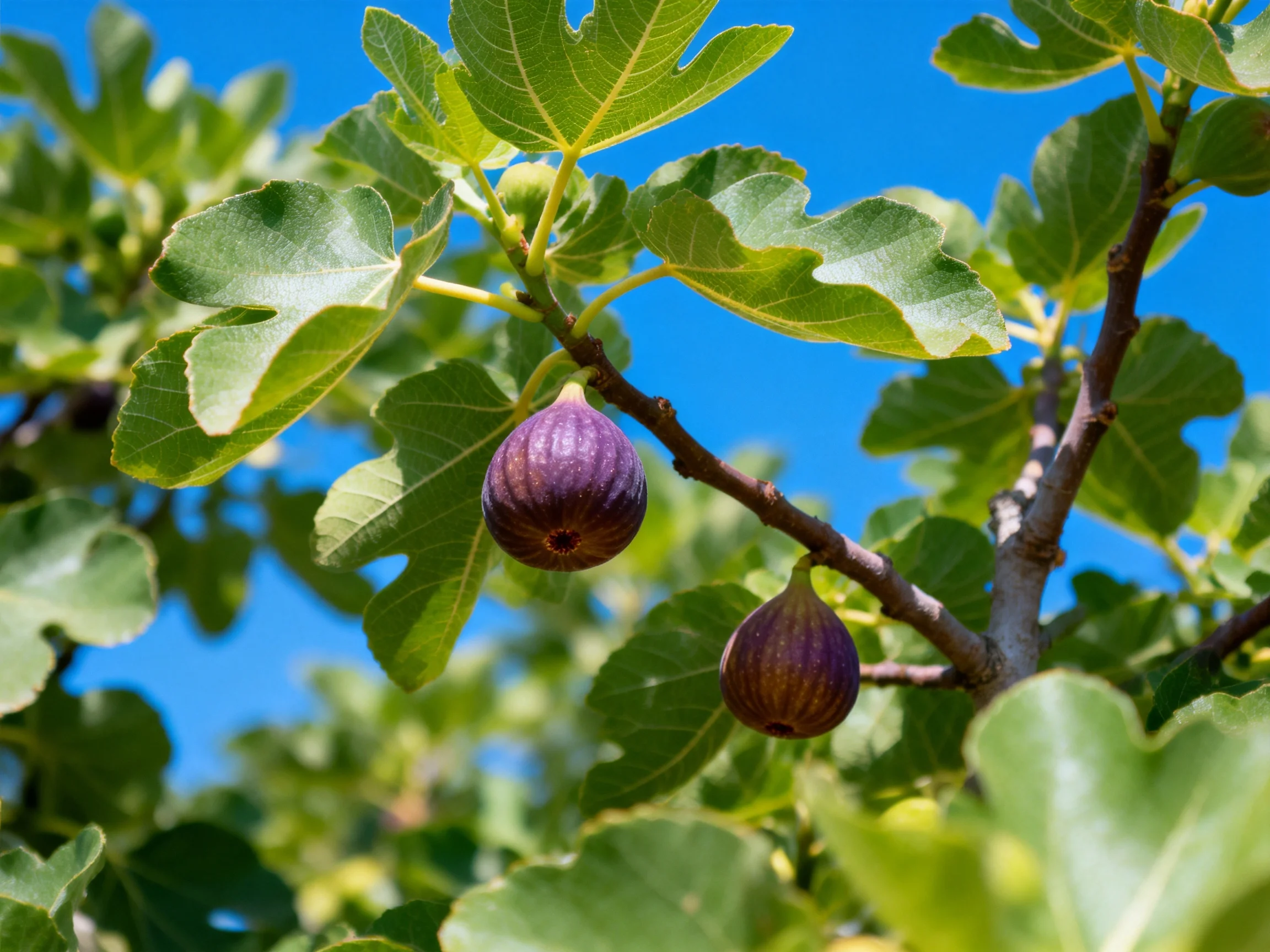 Two figs hang from a leafy fig tree under a clear blue sky