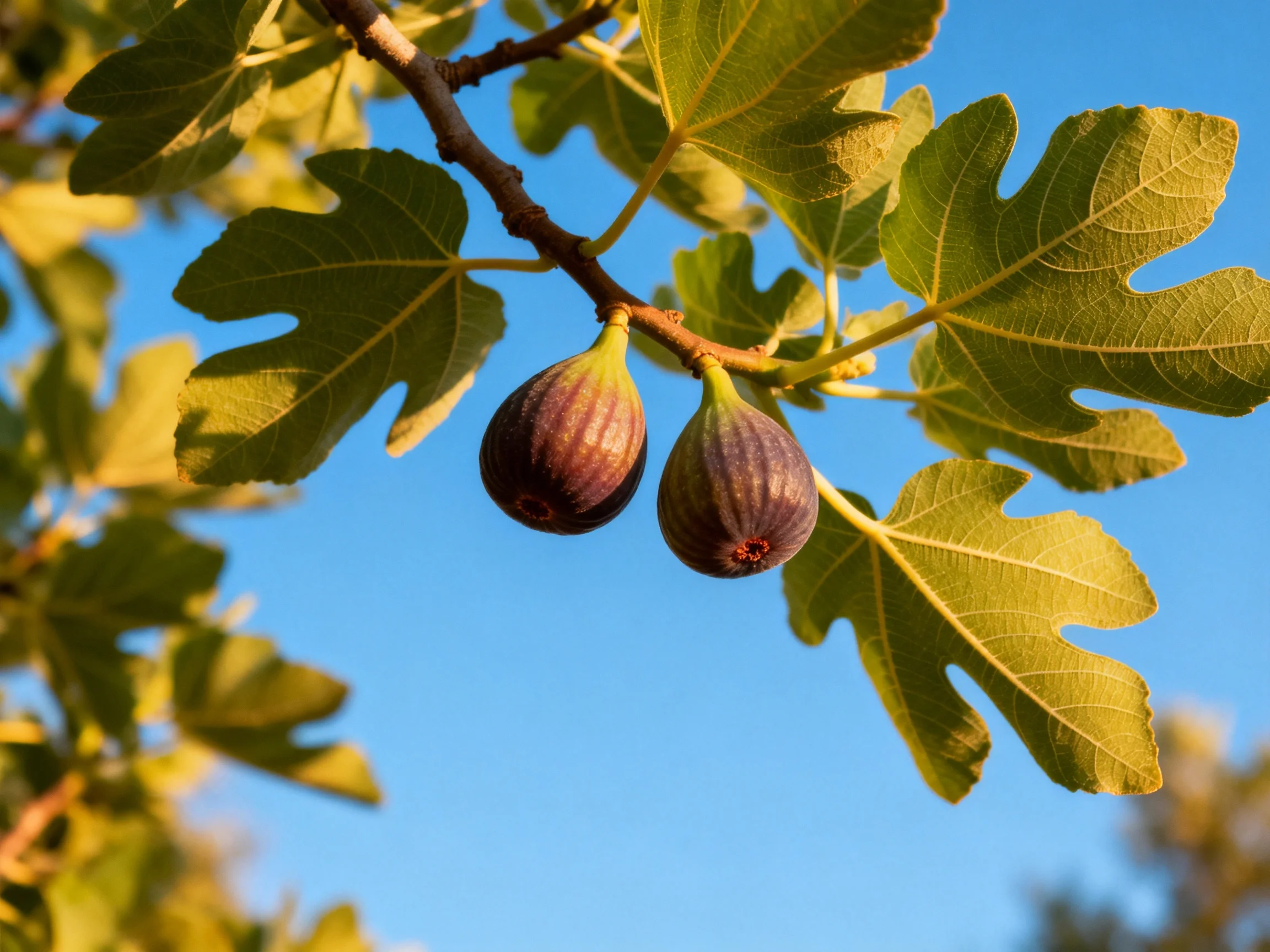 Two figs, purple and green, hang from a fig tree branch with large leaves