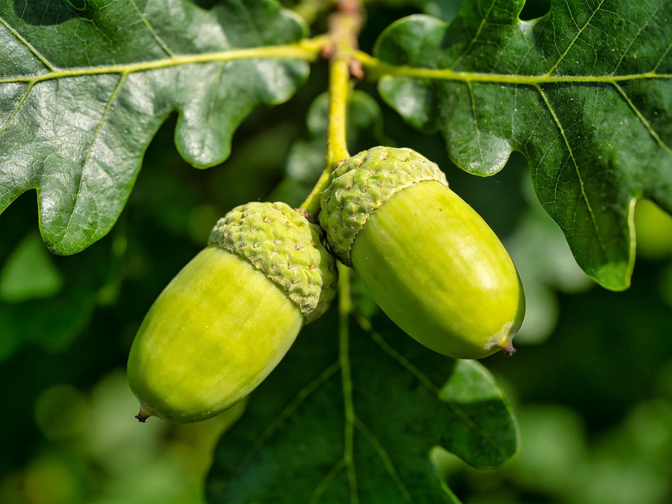 Two fresh green acorns attached to an oak branch