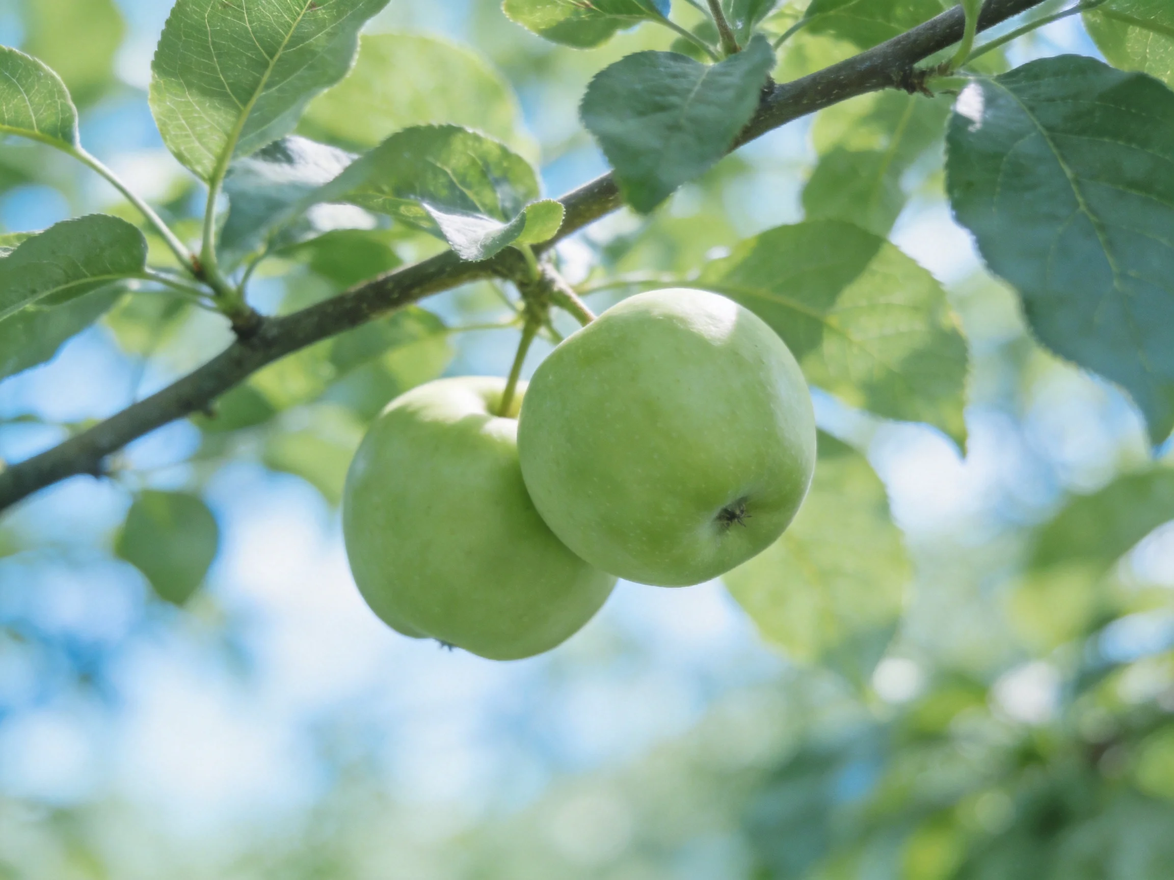 Two fresh green apples hang from a tree branch amid lush foliage