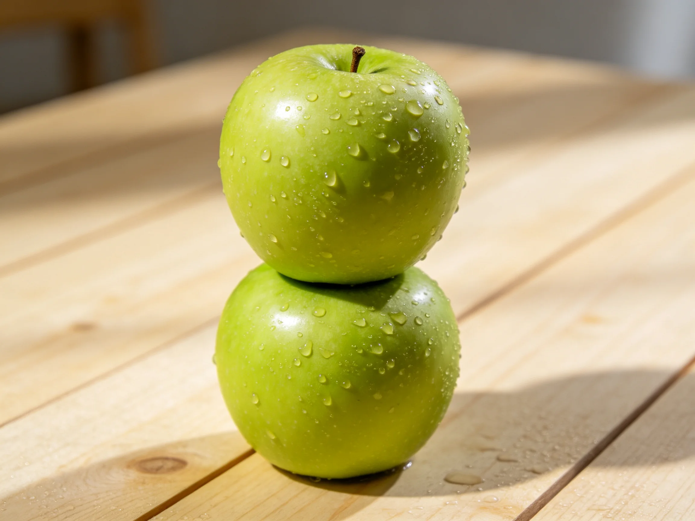 Two fresh green apples stacked on a wooden table with water droplets