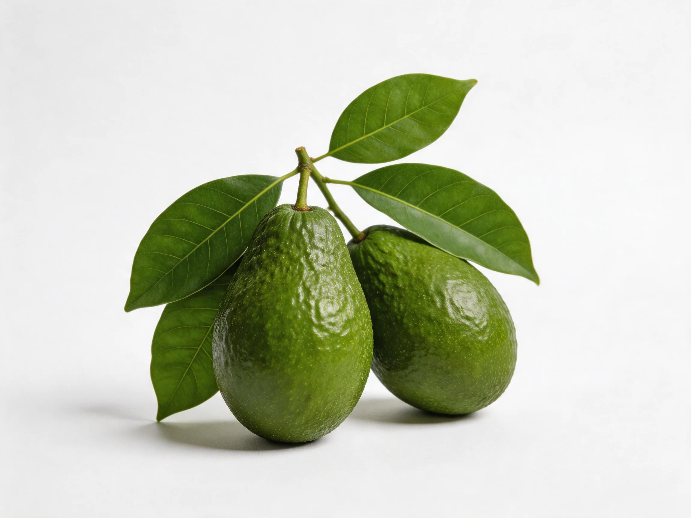 Two fresh green avocados with glossy leaves on a white background