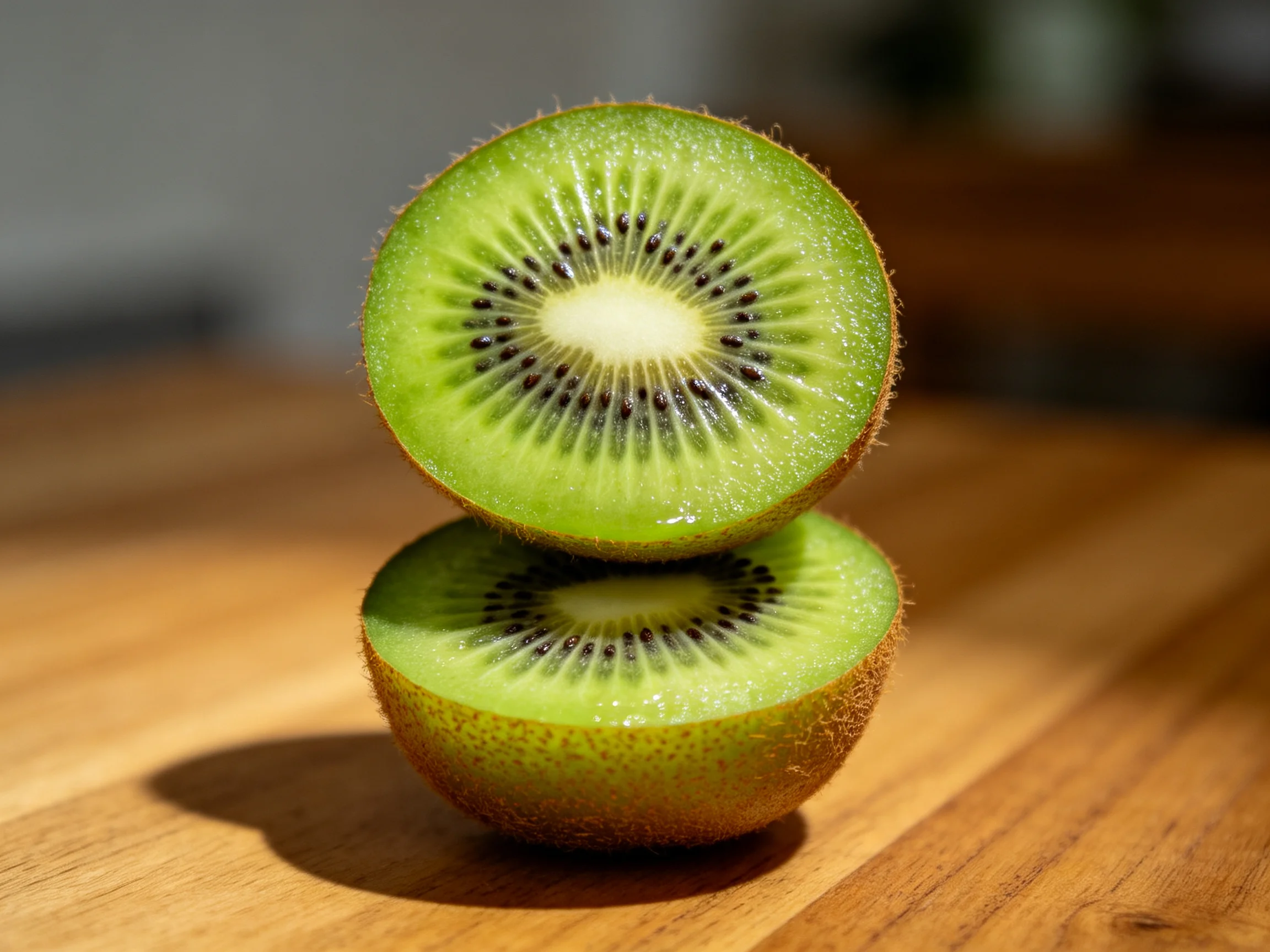 Two fresh green kiwi halves stacked on a wooden surface