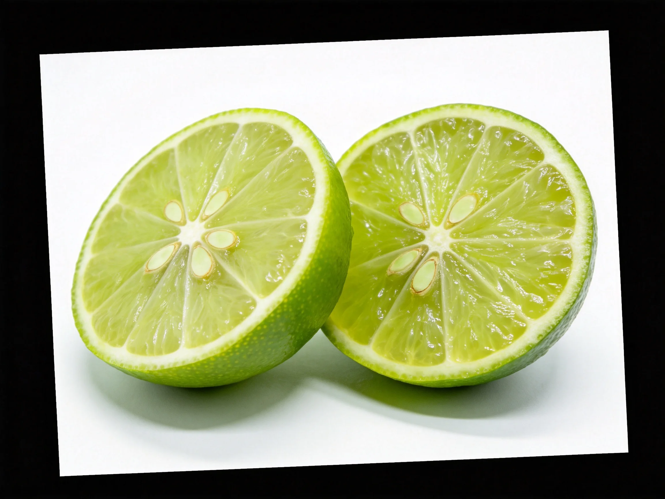 Two fresh green lime halves displayed on a white surface