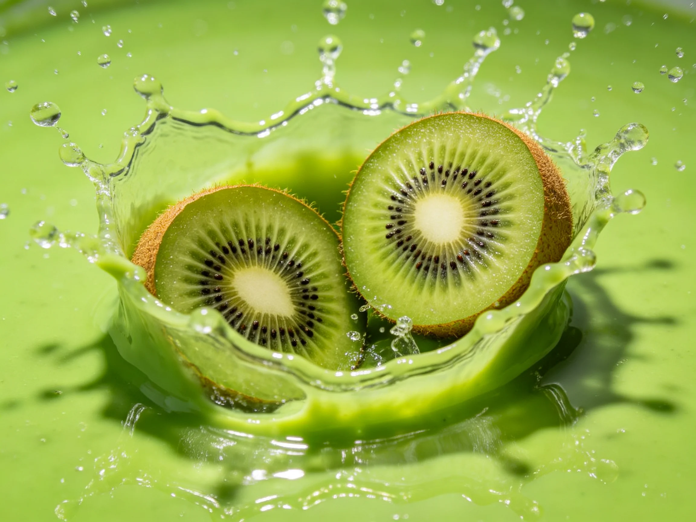 Two fresh kiwi slices splashing into vibrant green liquid